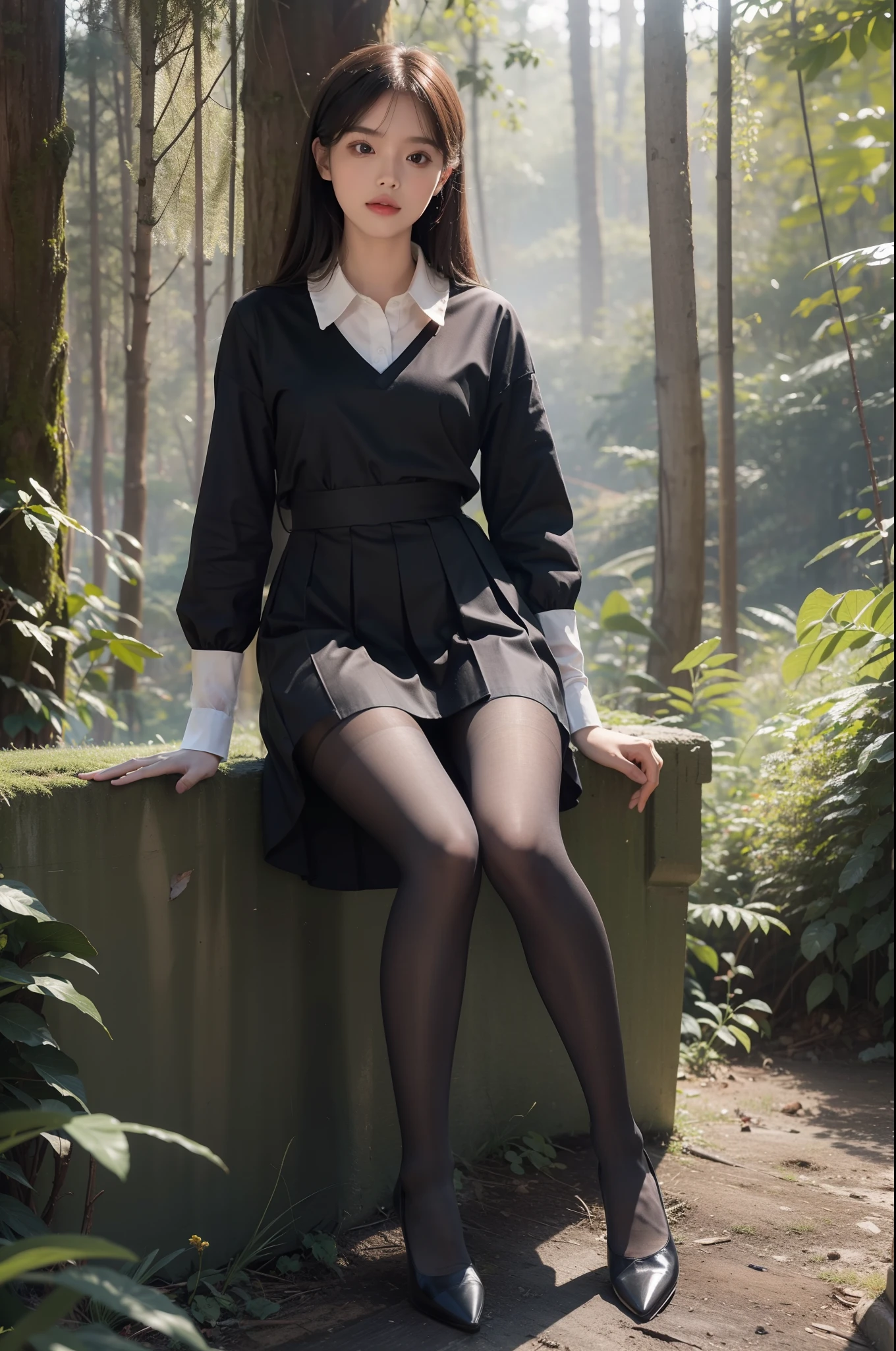 (full body:1.5)，(1girl:1.3),(view the viewer:1.4)，( correct:1.3),(sitting in the forest:1.2),(Wearing a school Style Dress:1.2),(Opaque pantyhose:1.3),( girl pointed thick heels :1.1)，(Accurate and perfect face:1.3),(Long legs:1.3),hyper HD, Ray traching, reflective light， structurally correct, Award-Awarded, high detail, lighten shade contrast, Face lighting ，cinematic lighting, masterpiece, super detailing, high quality, high detail, best quality, 16k，High contrast,