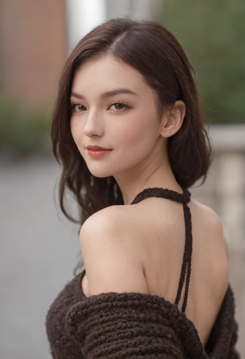 one girls,Smooth skin,dark brown hair,casual hairstyle,ssmile,Halter neck blackpKnitted Dresses,Skyscraper Observatory