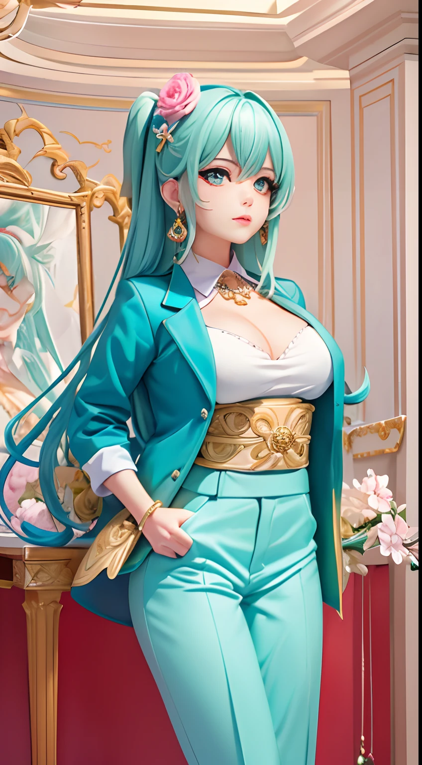 , (tmasterpiece,Supreme Quality,Super delicate,master painting)(Kizi,closeup cleavage,Lateral face,Gaze towards the viewer,Bloom of youth), A scientist character in turquoise trousers, Sea green dew bangs, Fuchsia eyes, expressioness:Love pupils, Cinema interior background