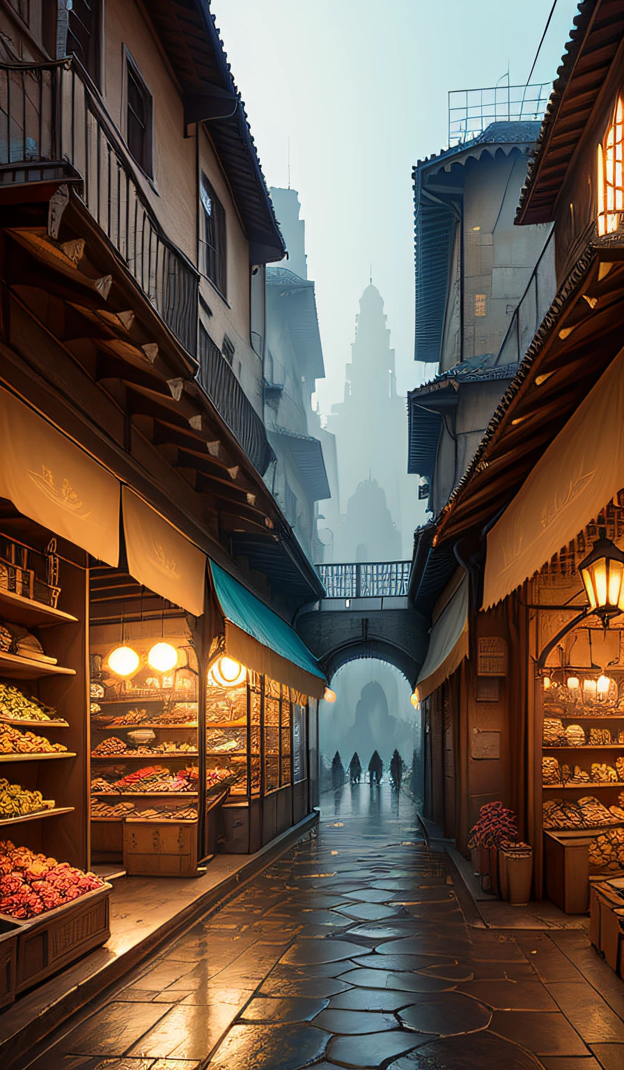((tmasterpiece)),((Best Picture Quality)),((high detal)),((realisticlying)) Industrial age city,Deep valley in the middle,architectural streets,bazaars,Bridges,rainy days,steampunc,European-style architecture。