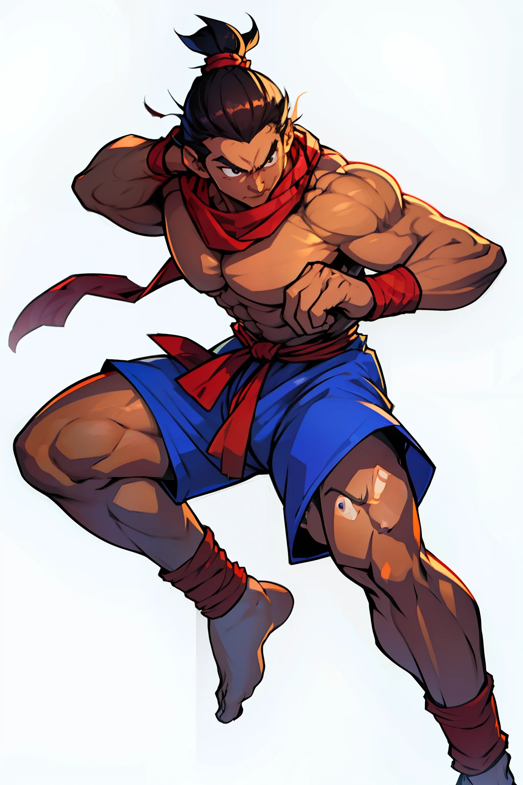 Khmer man warrior, full body to toes and feet, topless, dark brown tanned, street fighter, random boxing pose, men bun hair, white red checkered pattern winter scarf wrapped around the neck, (wearing plain blue boxing fighter shorts), white background,