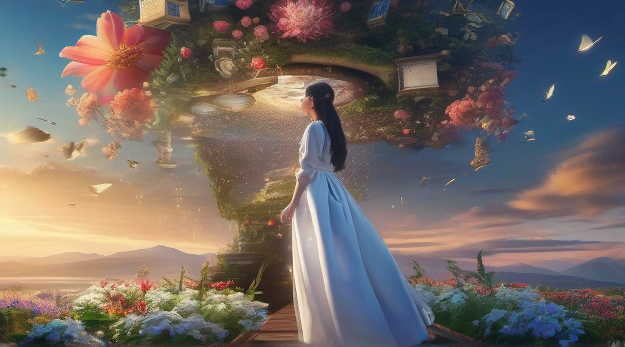 ccurate, best quality, masterpiece, UHD, high details, award winning, (Amazing:1.1), (Surrealism), Conceptual art, Verism, cinematic lighting, floating island in the sky, (((beautiful flower garden))), Horizon, blue sky, paradise scenery, flowers, wind flow, (((fantasy))), frontier, (magnificent space), blurry foreground, bokeh, Hasselblad, lens flare, beautiful school girl, (17 yr old), ((((full body)))), from behind, she moving, without looking at me, (((wearing school uniform))), black eyes, black hair, (floating hair), ((8 life size)), detailed hairstyles, detailed bodyline, anatomically correct, cute face, ((accurately portray her)),