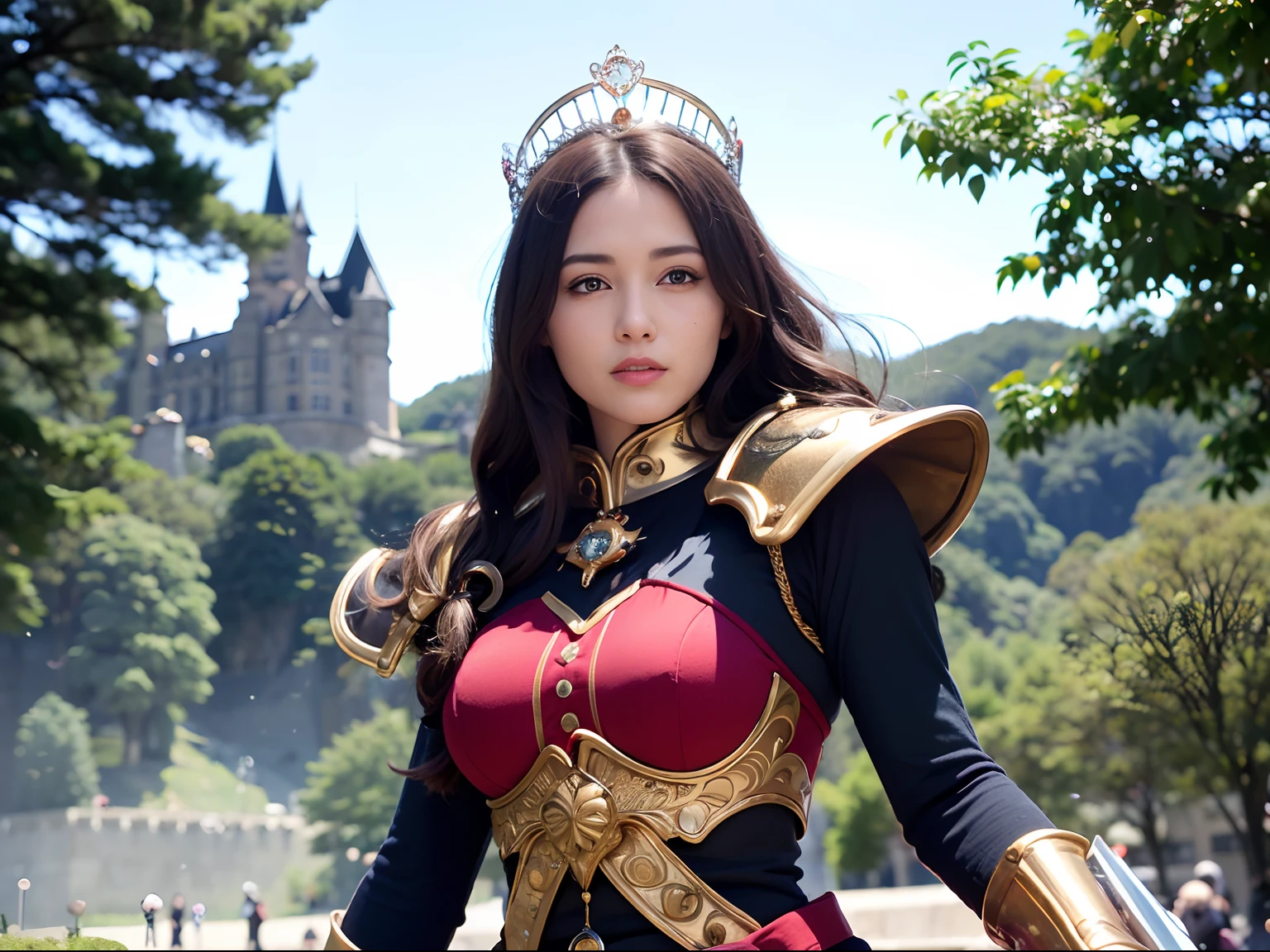 (masutepiece), Professional , ​masterpiece、top-quality、photos realistic , depth of fields （Gemstone Silver Metal Body:1.９),(Matte White、Jewel Gold Weapon、（Gorgeous castle background）、（ultimate beauty girl）、（Jewel Metal Body:1.４),Gorgeous Jewel Metal Weapons , Detailed Sword of the Brave ,（ Soldier background in metal armor）   ,warhammer 40k , adepta sororitas,Detail and ornate jewel crown、独奏、Black hair、（Gangle's forest background）、Beautiful Caucasian beauty、１a person、dynamic ungle,(((Diamond tiara with detail and luxury)))、a small face、A smile、Powerful poses、（Gorgeous castle background）、huge filesize、20 year old beautiful woman、Stand in the center of the screen、Thin female fingers、Straight long hair、Beautiful Caucasian beauty、Whole body、,Luminescent particles,light scattering,Tindall Effect、