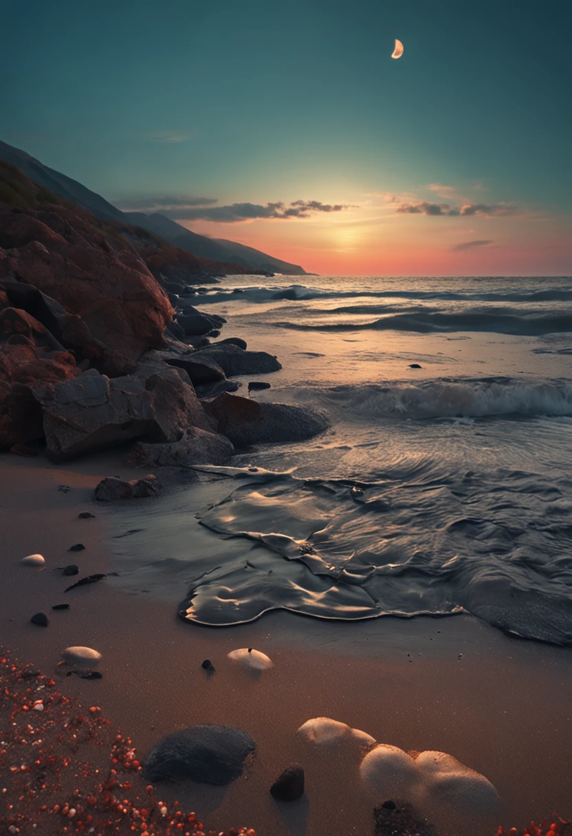 In the evening, facing the sea, some shells on the beach, the moon is on the sea level, the sea is calm, sparkling, and the sky is cloudless