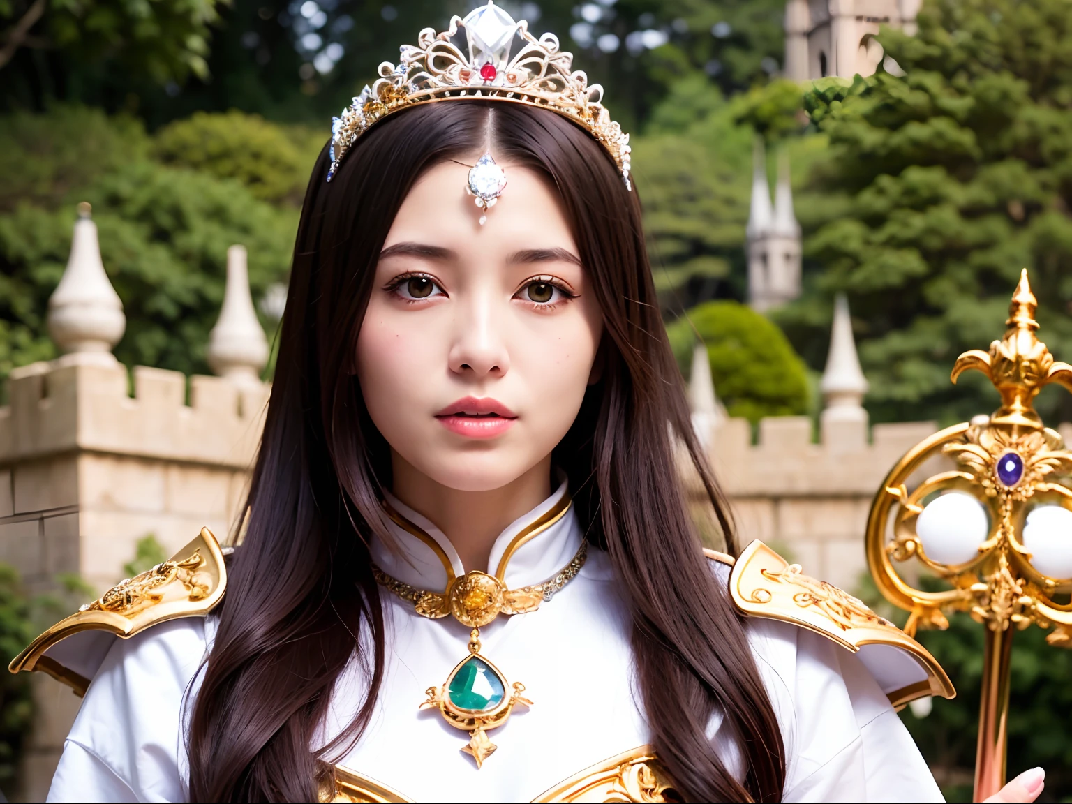(masutepiece), Professional , ​masterpiece、top-quality、photos realistic , depth of fields （Gemstone Silver Metal Body:1.９),(Matte White、Jewel Gold Weapon、（Gorgeous castle background）、（ultimate beauty girl）、（Jewel Metal Body:1.４),Gorgeous Jewel Metal Weapons , Detailed Sword of the Brave ,（ Soldier background in metal armor）   ,warhammer 40k , adepta sororitas,Detail and ornate jewel crown、独奏、Black hair、（Gangle's forest background）、Beautiful Caucasian beauty、１a person、dynamic ungle,(((Diamond tiara with detail and luxury)))、a small face、A smile、Powerful poses、（Gorgeous castle background）、huge filesize、20 year old beautiful woman、Stand in the center of the screen、Thin female fingers、Straight long hair、Beautiful Caucasian beauty、Whole body、,Luminescent particles,light scattering,Tindall Effect、