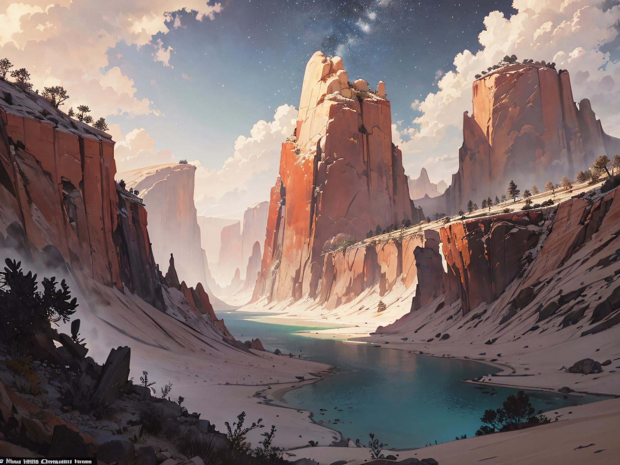 masterpiece, Expansive landscape photograph, (view from below with a view of the sky and the wilderness below), desert, oasis, intricate detail, volume lighting BREAK (masterpiece: 1.2), (highest quality ), 4k, ultra-detailed, (dynamic configuration: 1.4), (iridescent: 1.2), no humans