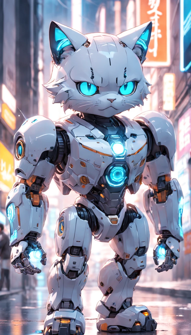 robotic cat, (estilo de brinquedo da caixa cega:1.2), (tiro de corpo inteiro) , 1 Menino Transparente,Behind him is a cute transparent robot cat, Mech transparente, Capacete requintado:1.2, Glasses:1.2, Cyberpunk, brilho sonhador, luminous neon lights, limpo, fundo branco, ( global ilumination, Traching de raias, HDR, unreal render,Reasonable design, alto detalhe, master part, best quality, hiper HD, Cinematic lighting)