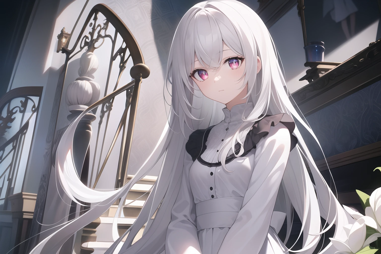 ((Masterpiece, Best quality))++, Detailed light+, Detail hair+, detail hand+ ,1girll, woman, Long hair, Crimson eyes, Beautiful eyes, Young gray hair,,(Beautiful white hair:1.5),(Beautiful detailed eyes), high resolution+, blacksilk , a black skirt, Glass tones, Reflective eyes, {{Angle}} , extremelydetailedwallpaper, Original, ,