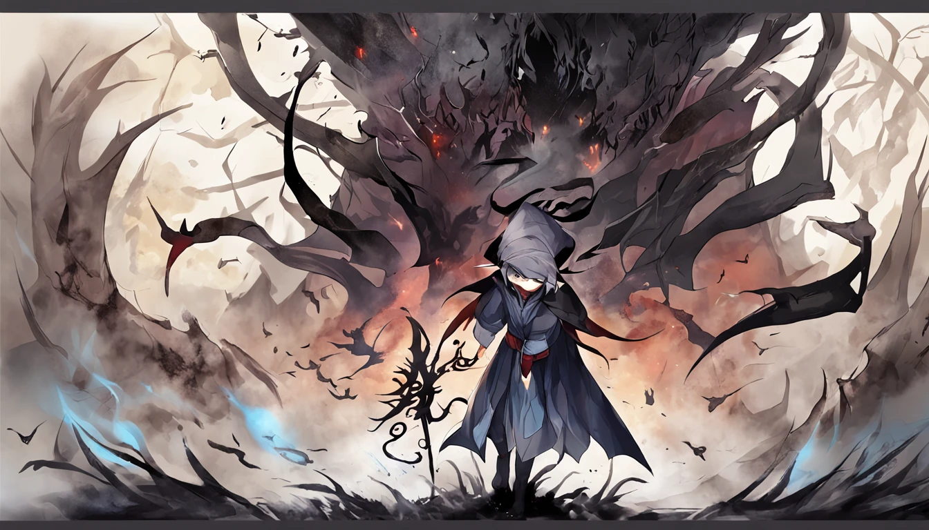 masterpiece, top-quality, masterpiece, (1 boy), (LLChar), Evil Witch, Dark energy, Void, Eyes of the Sky, (Very evil), Dark Magic, dark forest, Negative energy, Hell, Void, stele, A dark-haired,