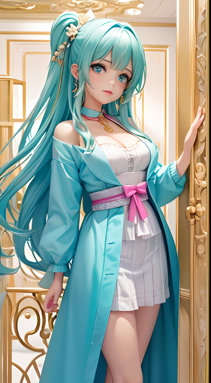 , (tmasterpiece,Supreme Quality,Super delicate,master painting)(Kizi,closeup cleavage,Lateral face,Gaze towards the viewer,Bloom of youth), A scientist character in turquoise trousers, Sea green dew bangs, Fuchsia eyes, expressioness:Love pupils, Cinema interior background