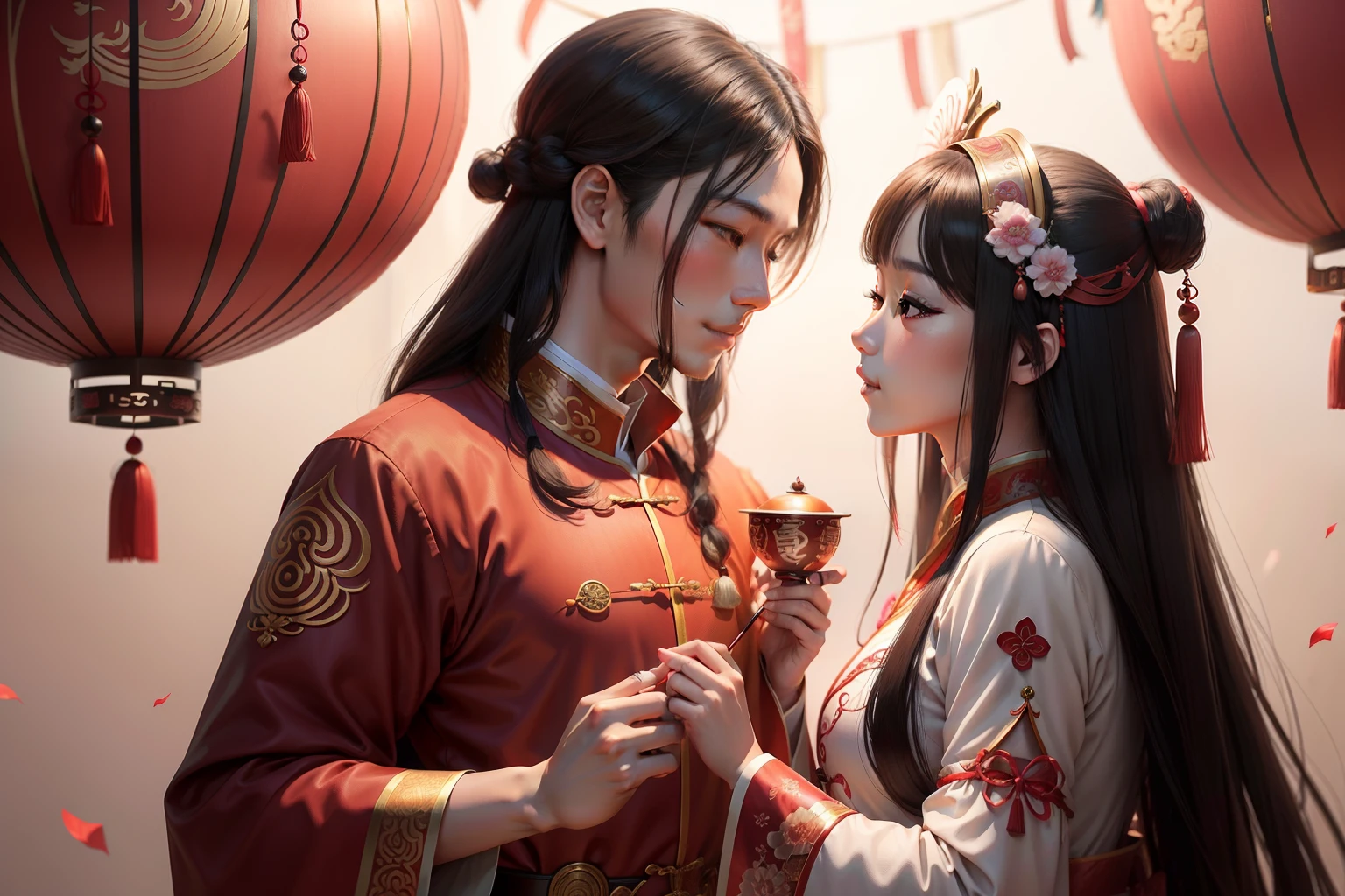 Chinese Qixi Festival picture,The picture reflects the warm picture of Valentine's Day,Characters need to be dressed in Chinese Tang dynasty clothes。
