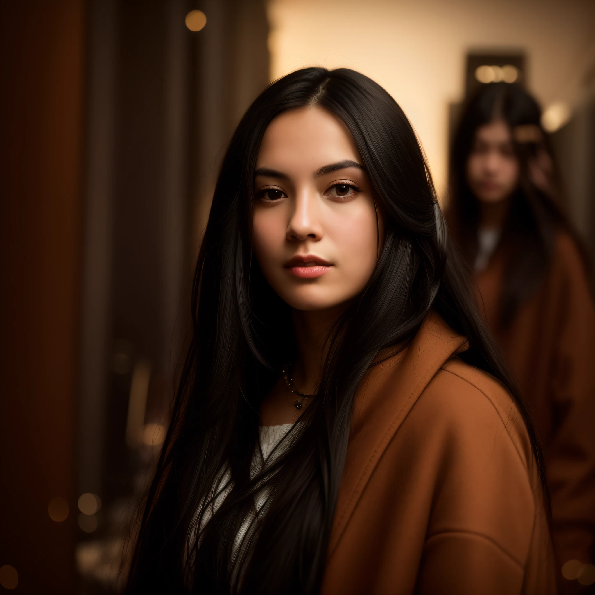 arafed woman with long black hair and a brown coat, female with long black hair, young woman with long dark hair, color photograph portrait 4k, 50 mm lens photo portrait, cinematic headshot portrait, photography portrait 4 k, 7 0 mm portrait, 50mm portrait, 60mm portrait, cinematic portrait, woman with black hair, beautiful portrait lighting in mall
