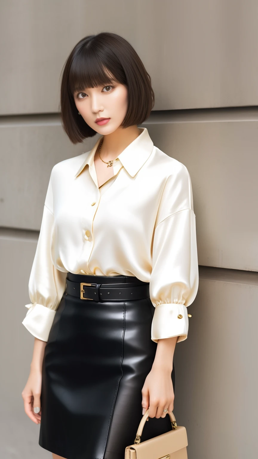 Business-oriented fashion,girlish style, Features a model with sideways bangs and an ash brown short bob hairstyle. She wears a pastel-colored silk blouse with a Peter Pan collar, High-waisted pencil skirt, And shiny leather loafers. Accessories include、Includes a simple gold necklace and leather watch. The magazine has、Includes brands such as lei and cancam, Catering to a young and playful audience