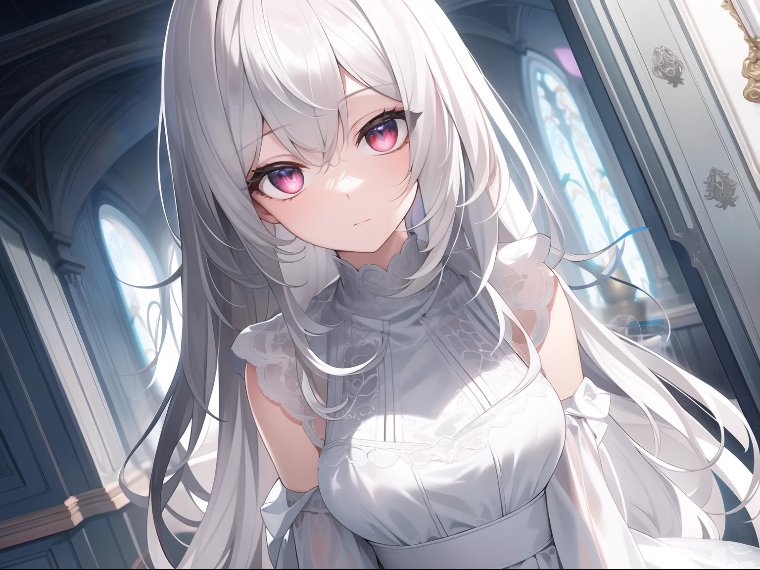 ((Masterpiece, Best quality))++, Detailed light+, Detail hair+, detail hand+ ,1girll, woman, Long hair, Crimson eyes, Beautiful eyes, Young gray hair,,(Beautiful white hair:1.5),(Beautiful detailed eyes), high resolution+, blacksilk , a black skirt, Glass tones, Reflective eyes, {{Angle}} , extremelydetailedwallpaper, Original, ,