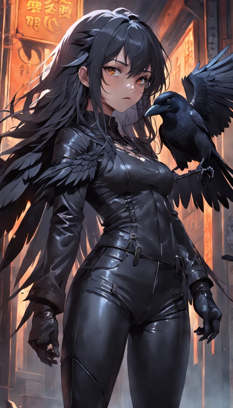 masterpiece, best quality, movie still, 1girl, monstergirl, crow woman, full body, portrait, detailed (eyes), long (hair), perfect body, proportional body, crow|raven wings, deep look, wearing (leather pants:2), close-up, cold soft lighting, sunset, (aura:0.7)
