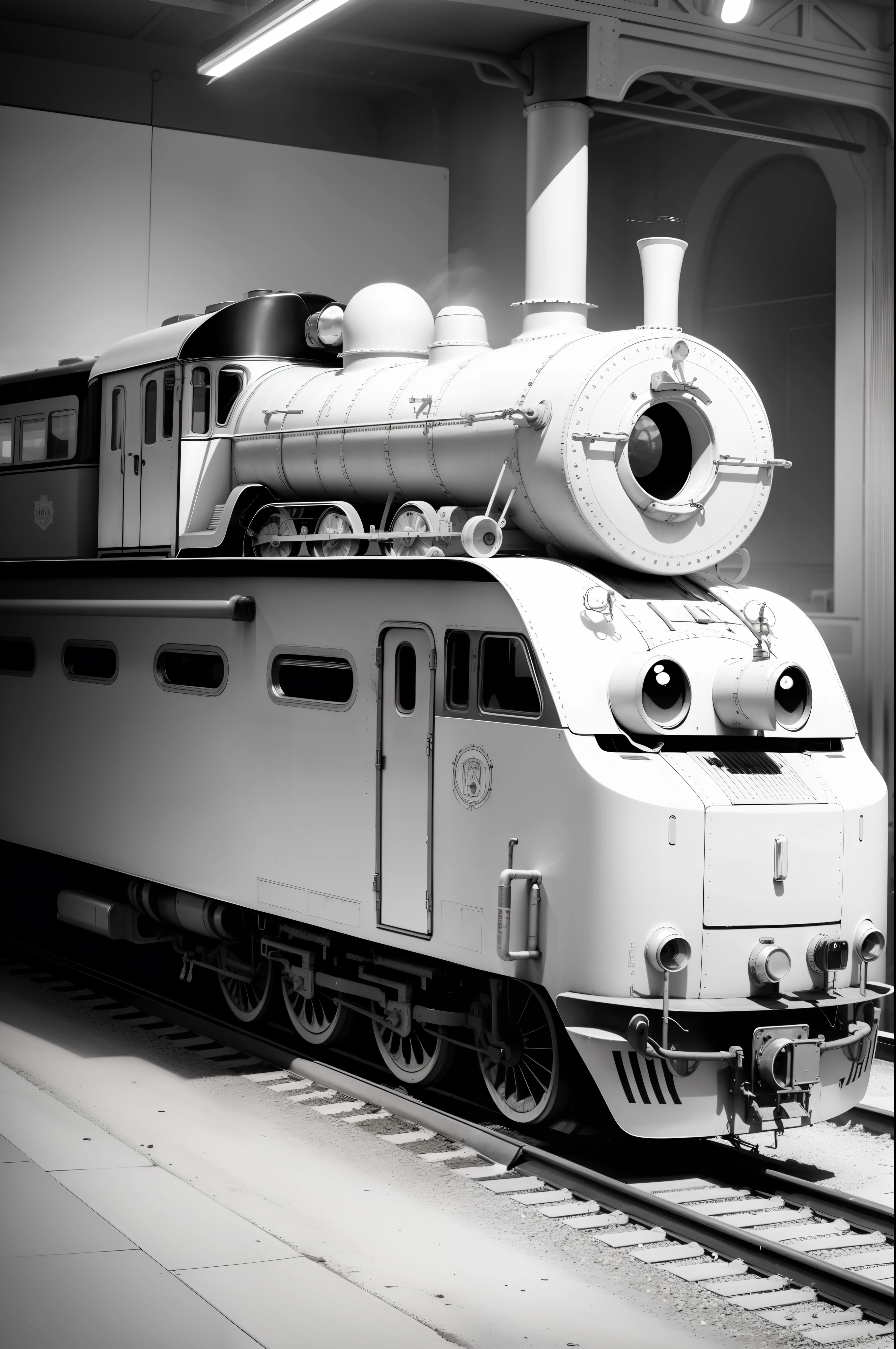 Coloring page for kids, featuring a train-cartoon style, thick lines, low detail, simple