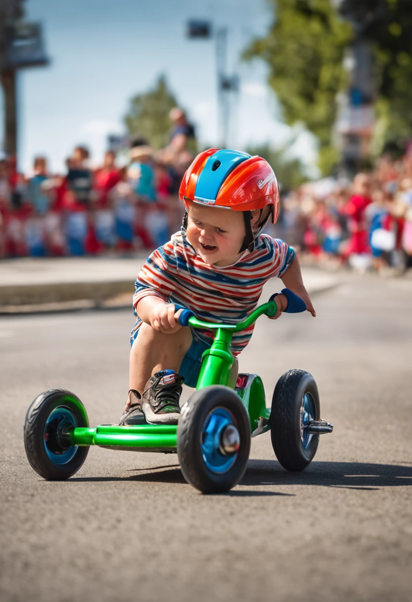 "Get ready for the ultimate tricycle race experience! Witness the cutest toddlers racing towards the finish line, with raw time-lapse and motion blur effects bringing every movement to life. Share in their random expressions with ultra-detailed, super HD, and ridiculous resolution, all captured through the lens of a long exposure shot."