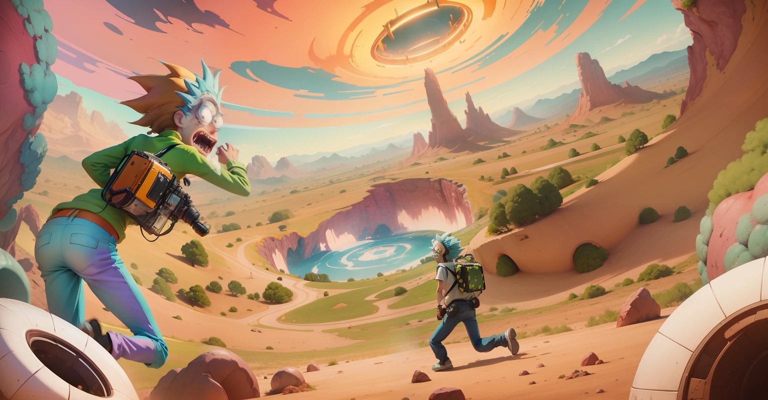 Scene from a strange dimension with distorted landscapes and vibrant colors. The camera focuses on Rick and Morty as they flee from bizarre creatures. They escape in a portal and arrive in a seemingly normal dimension.