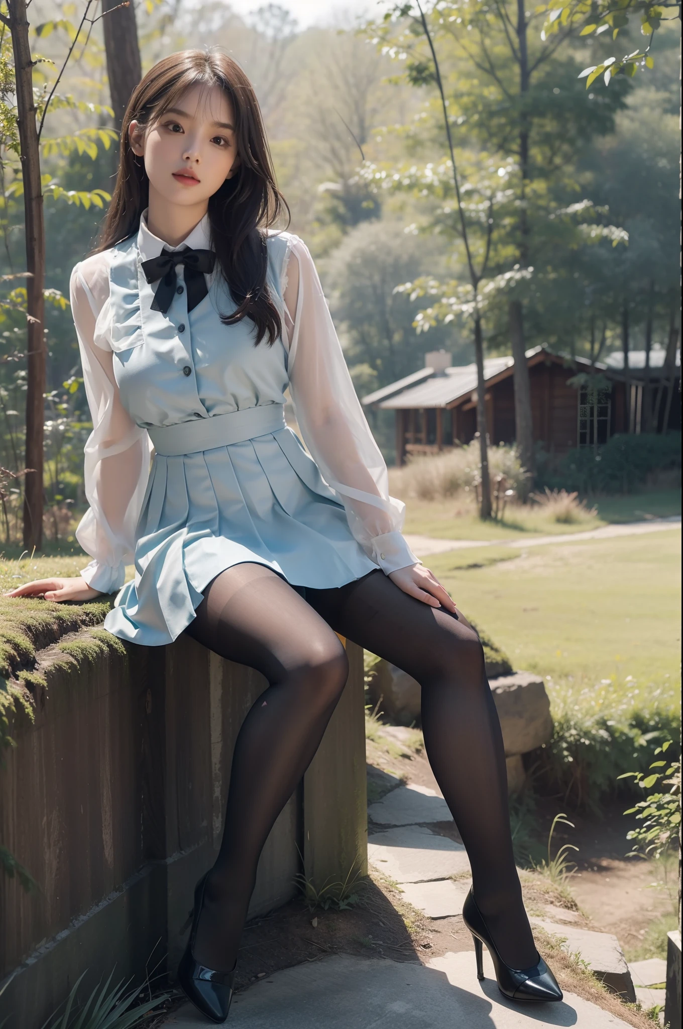(full body:1.5),(1girl:1.3),(view the viewer:1.4),(anatomy correct:1.3),(sitting in the forest:1.2),(Wearing a school Style Dress:1.2),(Opaque pantyhose:1.3),( girl pointed thick heels :1.1),(Accurate and perfect face:1.3),(Long legs:1.3),hyper HD, Ray traching, reflective light, structurally correct, Award-Awarded, high detail, lighten shade contrast, Face lighting ,cinematic lighting, masterpiece, super detailing, high quality, high detail, best quality, 16k,High contrast,