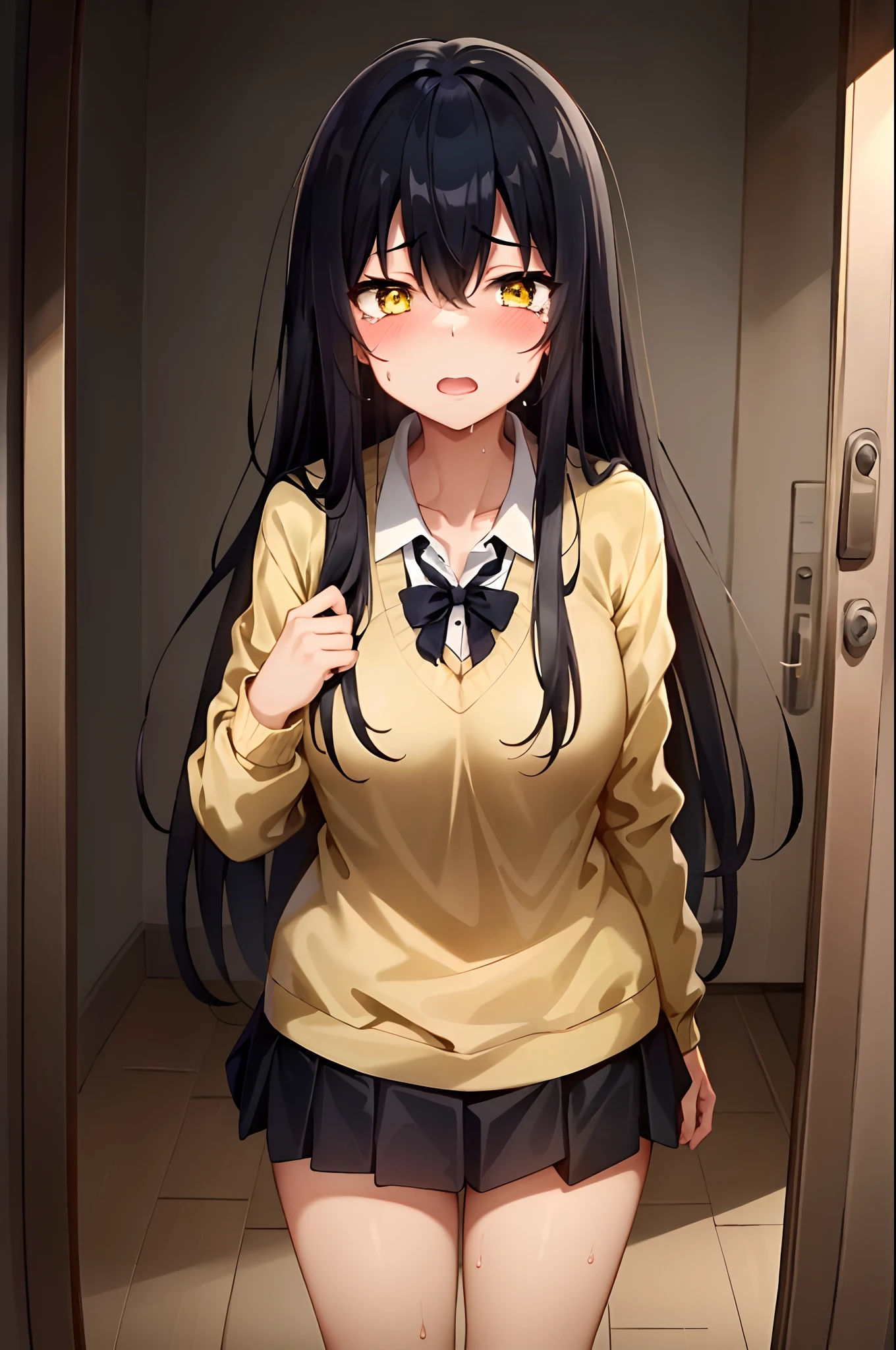 (mieruko:1.3), 1girl, standing, scared, tears, sweat drips, yellow sweater, black tie, school uniform, yellow detailed eyes, long black hair, big eyes, (open mouth:0.1), detailed pupils, hdr shadows, horror \(theme\), indoors, creepy background, creepy monster, monster