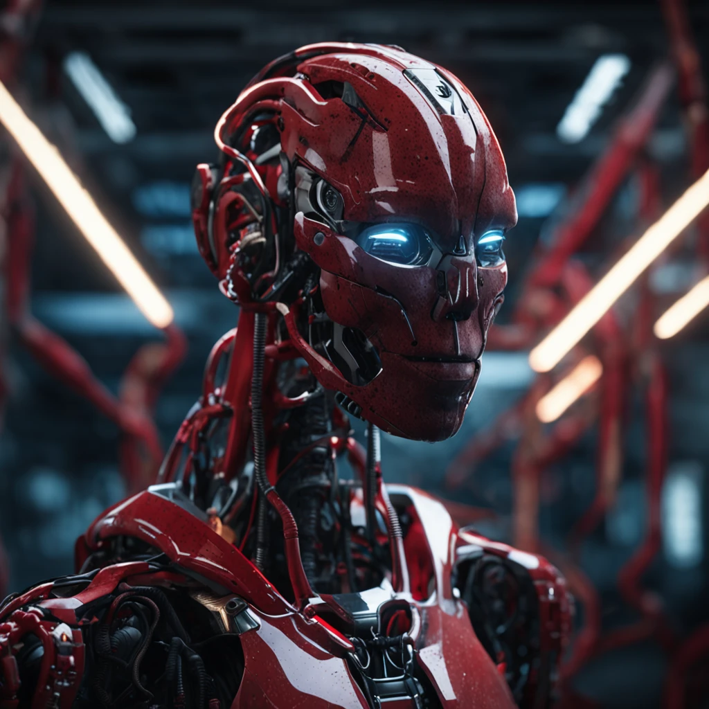 a hand humanoid robot biomechanical with wires and a light cold on it's face and neck, in a dark room in a dark room with a red light behind him, Cedric Peyravernay, unreal engine 5 highly rendered, cyberpunk art, les automatistes, raw photo of detailed skin, clear face