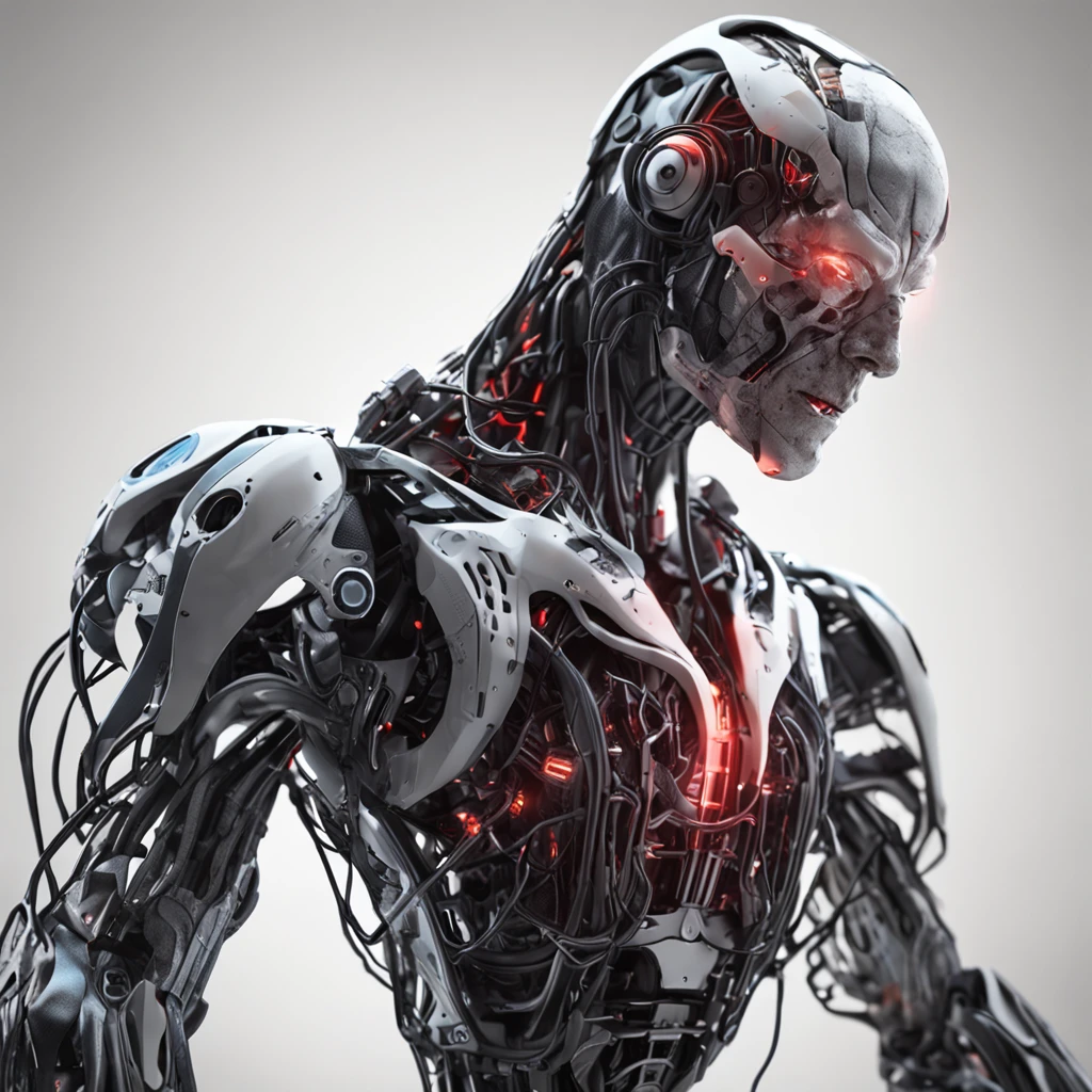 a hand humanoid robot biomechanical with wires and a light cold on it's face and neck, in a dark room in a dark room with a red light behind him, Cedric Peyravernay, unreal engine 5 highly rendered, cyberpunk art, les automatistes, raw photo of detailed skin, clear face