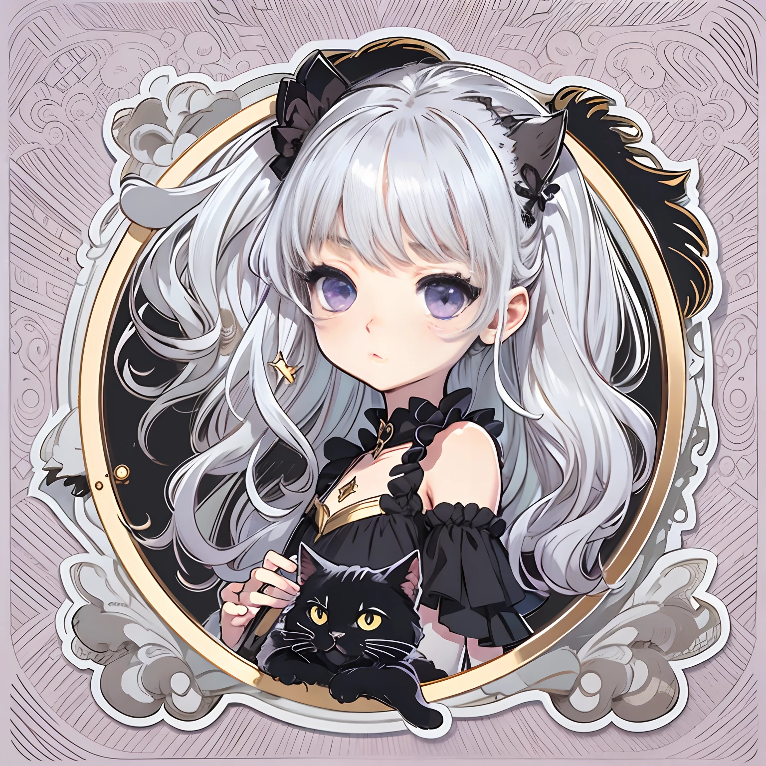 Sticker, Cute anime girl head, long layered silvery white hair,Light purple eyes,pouty,Black dress,Black princess dress,Holding a black cat,in circle, White background, Gold border,Simple, Ultra detailed, Detailed drawing, vectorised, Silhouette, 8K, professional sticker design, Flat design, Vector lines, Sticker, Drawing, Drawing, Full-HD