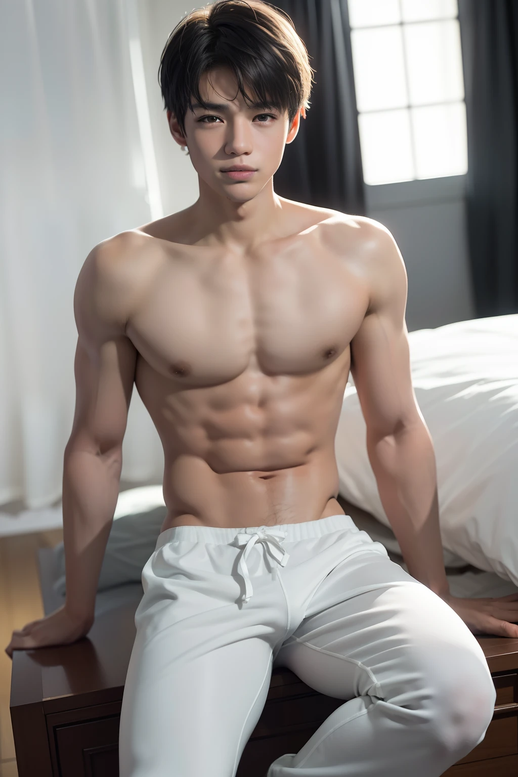 (absurderes, hight resolution, ultra-detailliert, nffsw), masutepiece, Best Quality, 1boy,ar old,ndsome, short detailed hair, finely eye and detailed face, Dimples, Forehead, Midnight, lightsmile, full body Esbian, White pajamas,White and gray hair color,toppless, Open legs