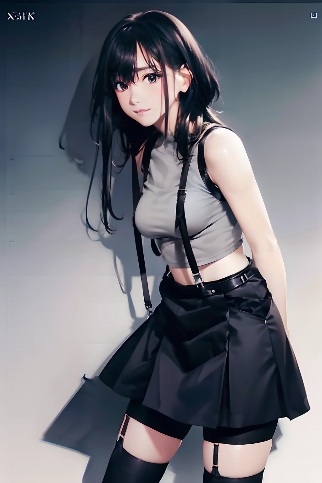 a black skirt, , Tank tops　suspenders, Long Black Hair, Gray eyes, holster, Garter belt on the legs, , Moderate breasts and tight clothes, both sides　　Behind　no-bra