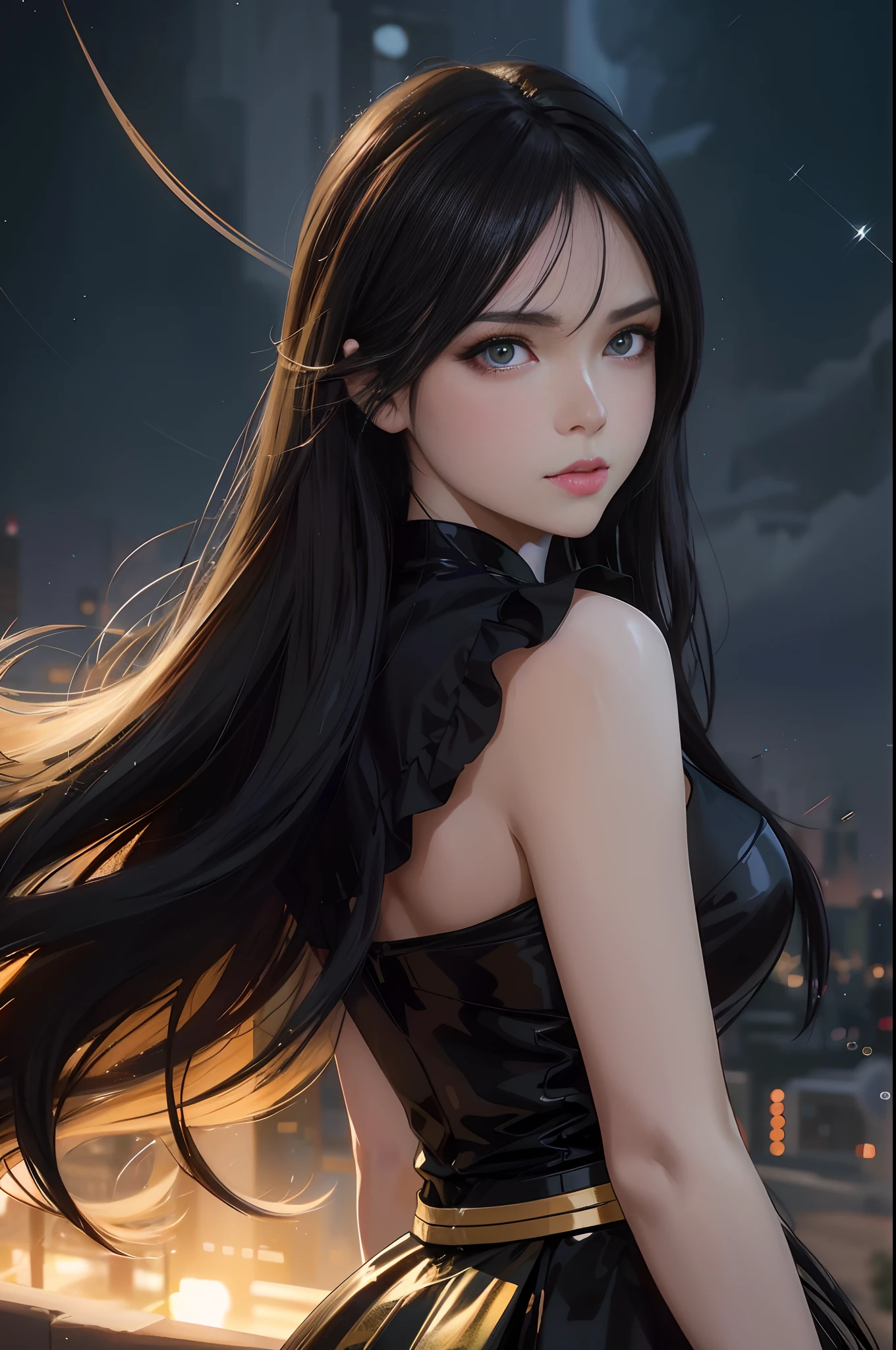 Close-up of a woman with long hair in a black dress, Anime girl with long hair, with long hair and piercing eyes, ilya kuvshinov with long hair, 8K Artgerm bokeh, glowing flowing hair, Guviz-style artwork, by Yang J, Anime girl wearing black dress, Asian girl with long hair