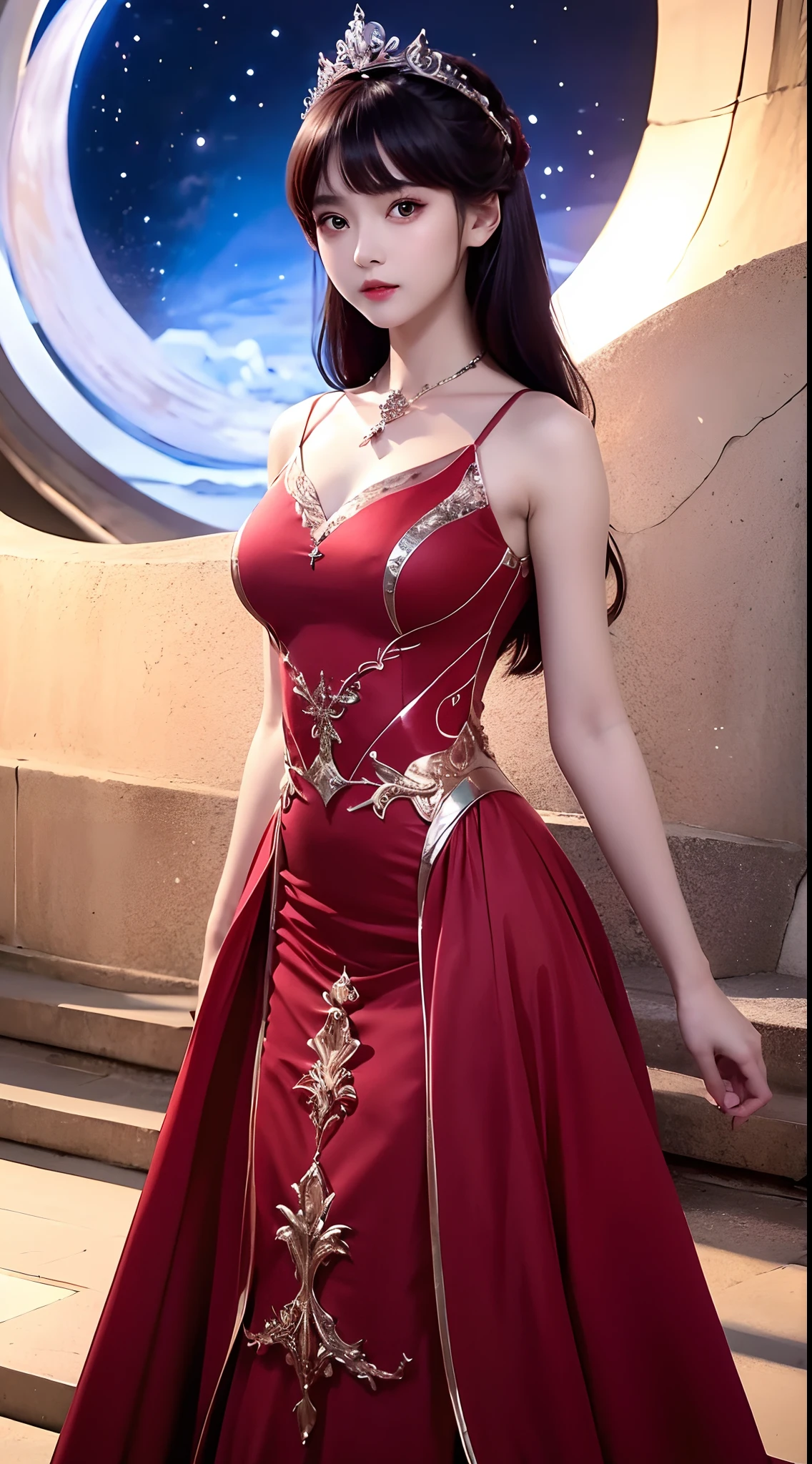 4K ultra hd, masterpiece, a cute girl, princess dress, red dress, moon background,
