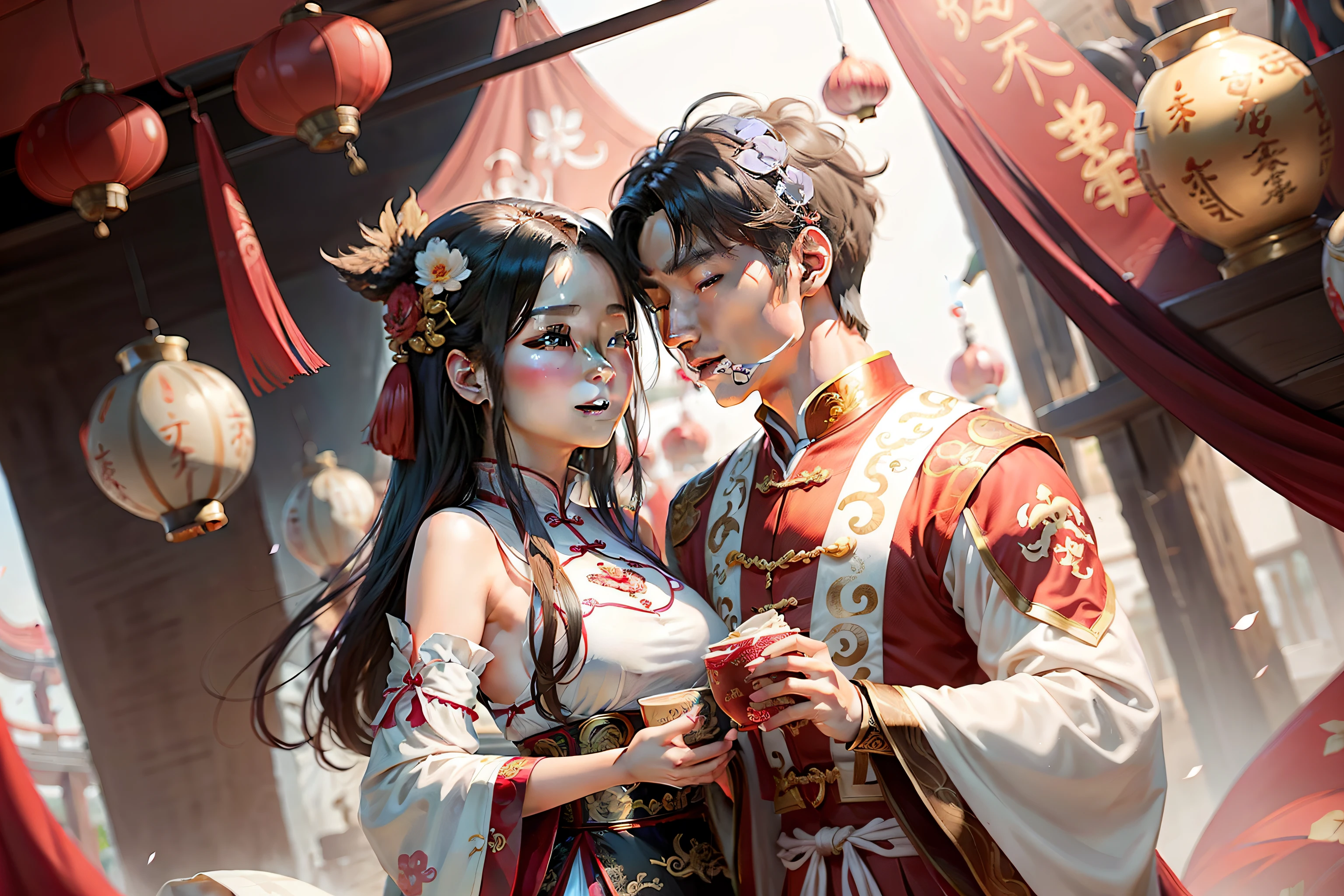 Chinese Qixi Festival picture,The picture reflects the warm picture of Valentine's Day,Characters need to be dressed in Chinese Han dynasty clothes。