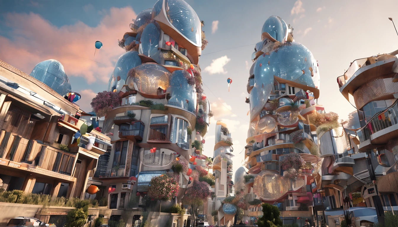 (((Masterpiece))),((Best quality)),hyper-high detail,Super fine details,Colorful colors,Large architectural renderings,Steps,Class steps,Go up and down stairs,Curved staircase,Sunken square,The bear doll is placed on top of the building,fashionable architecture,Stylish sidewalks,glass,Pedestrians,Creative building shapes,Street shops,Building facades,Business Center,natta,Daytime,(((Daytime rendering))),beautiful sky, Clouds fluttering,huge modern downtown city, precise architectural rendering, , cinematic architectural scale, building rendering, true realistic image, mega highly detailed, high quality architectural art, Beautiful rendering of the Tang Dynasty, photorealistic image, realistic hyper detailed, high detail illustration, highly realistically detailed, modern city scape,Interesting light and shadow,(Create a lively streetscape atmosphere:1.5),with people coming and going