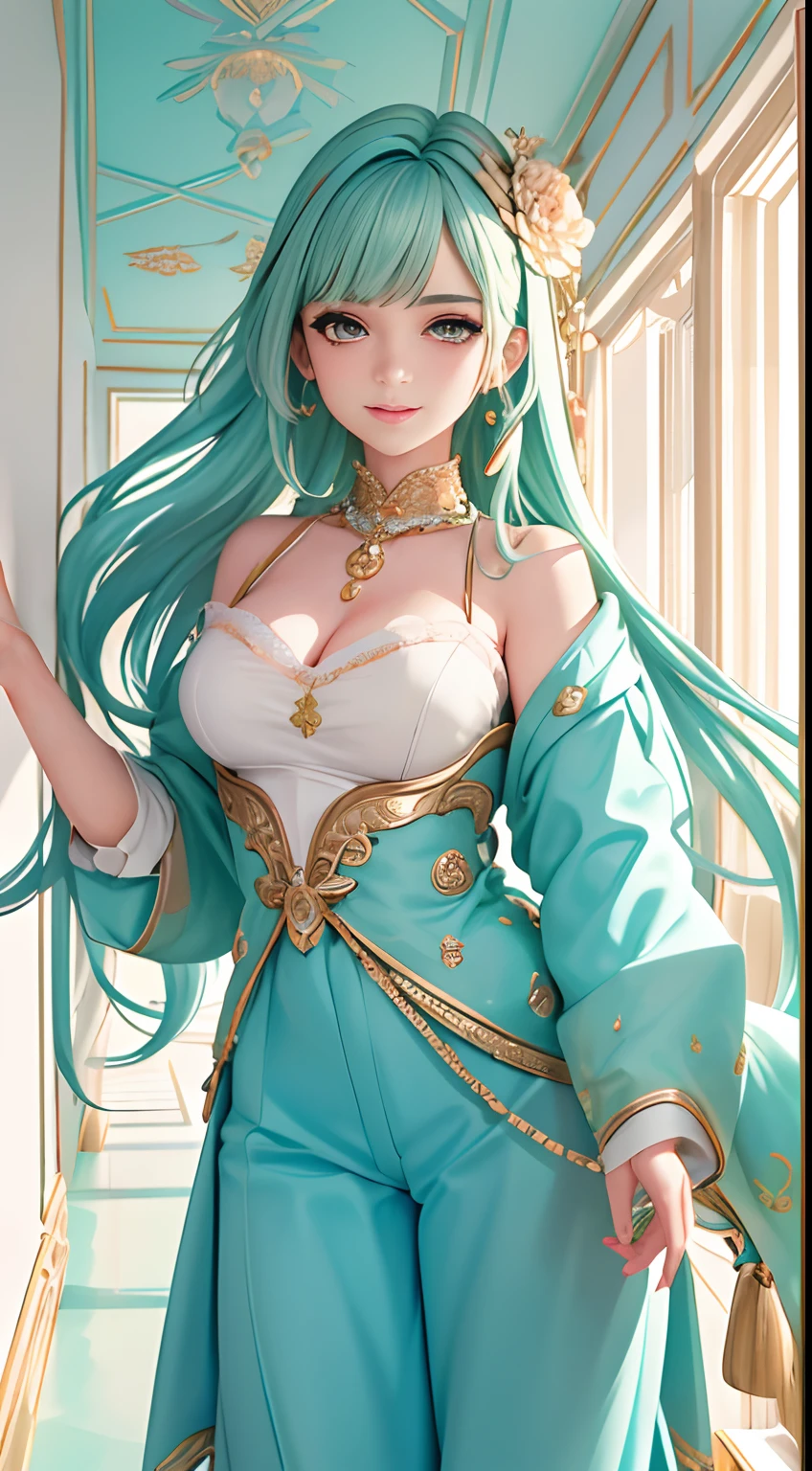 , (tmasterpiece,Supreme Quality,Super delicate,master painting)(Kizi,closeup cleavage,Lateral face,Gaze towards the viewer,Bloom of youth), A scientist character in turquoise trousers, Sea green dew bangs, Fuchsia eyes, expressioness:Love pupils, Cinema interior background