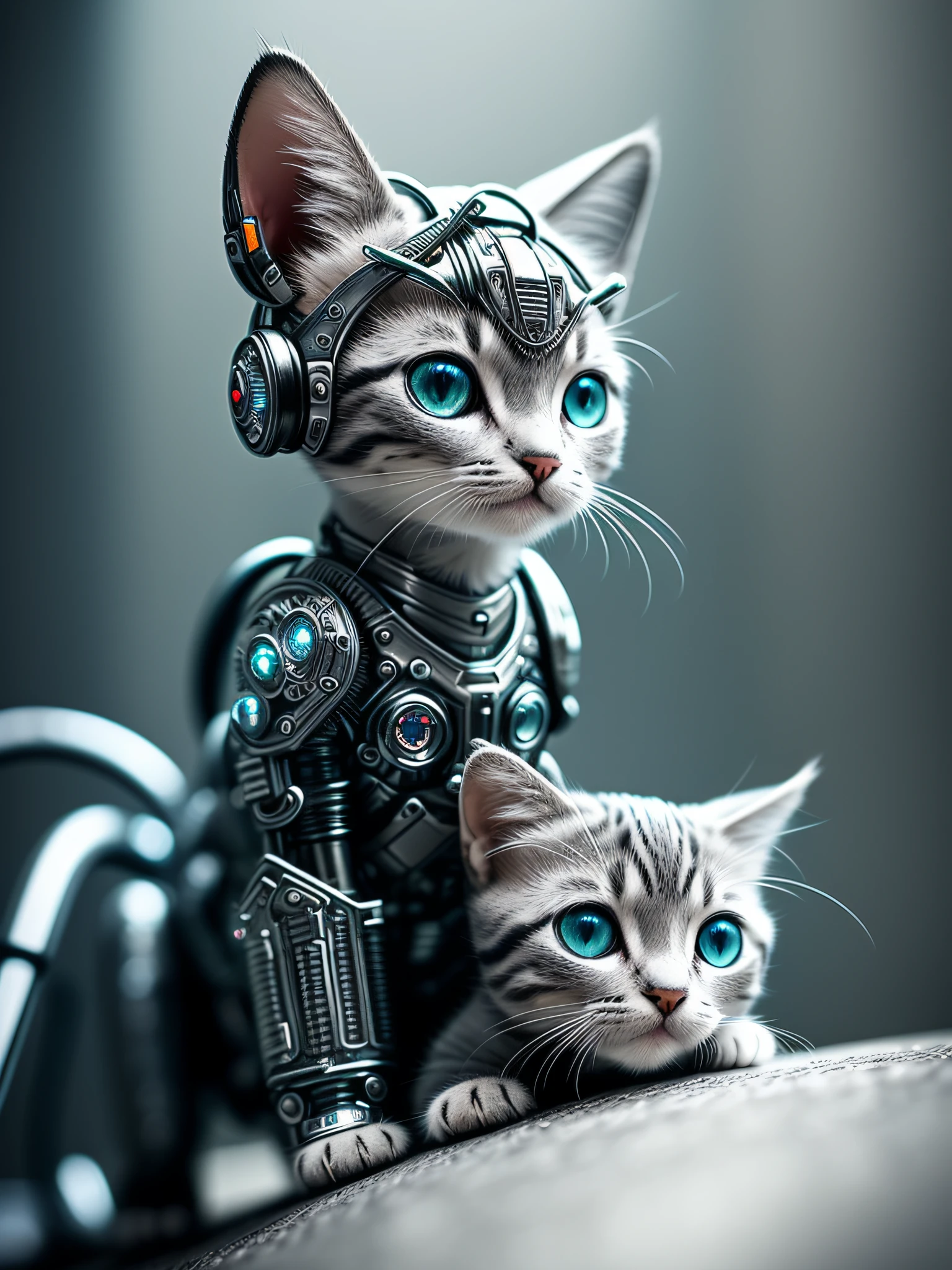 a cute kitten made of metal、(cyborgs:1.1)、([tail | Detailed wire]:1.3)、１bolt、(intricate-detail)、hdr、(intricate-detail、ultra-detailliert:1.2)、Cinematic Shots、vignettes、central