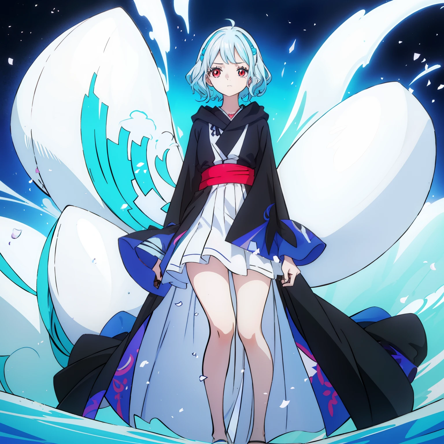 masutepiece, Fine details, 4K, 8K, 12K, Solo, 1 person, Beautiful Girl, caucasian female, , 149 cm, Light blue hair, Short hair, Wavy Hair, Red Eyes, Black costume、black robes, Long sleeves, Wide sleeves, long hem, long hem、I can't see my knees、Black hood、Full body black