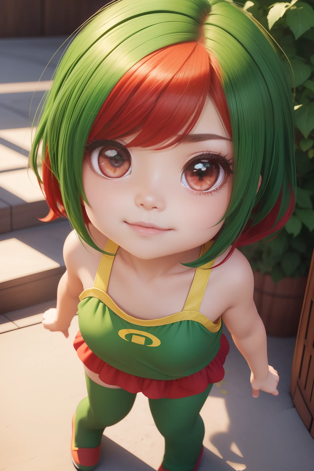 Chibi, 1 girl, shorth hair, Cute、bright expression、Very beautiful face, Beautiful red eyes, dazzling green hair、Eyebrows behind bangs, Bright pupils, nffsw, nffsw, high details, Best Quality, 4K, hight resolution、Full body, Tomato Costume,3D style