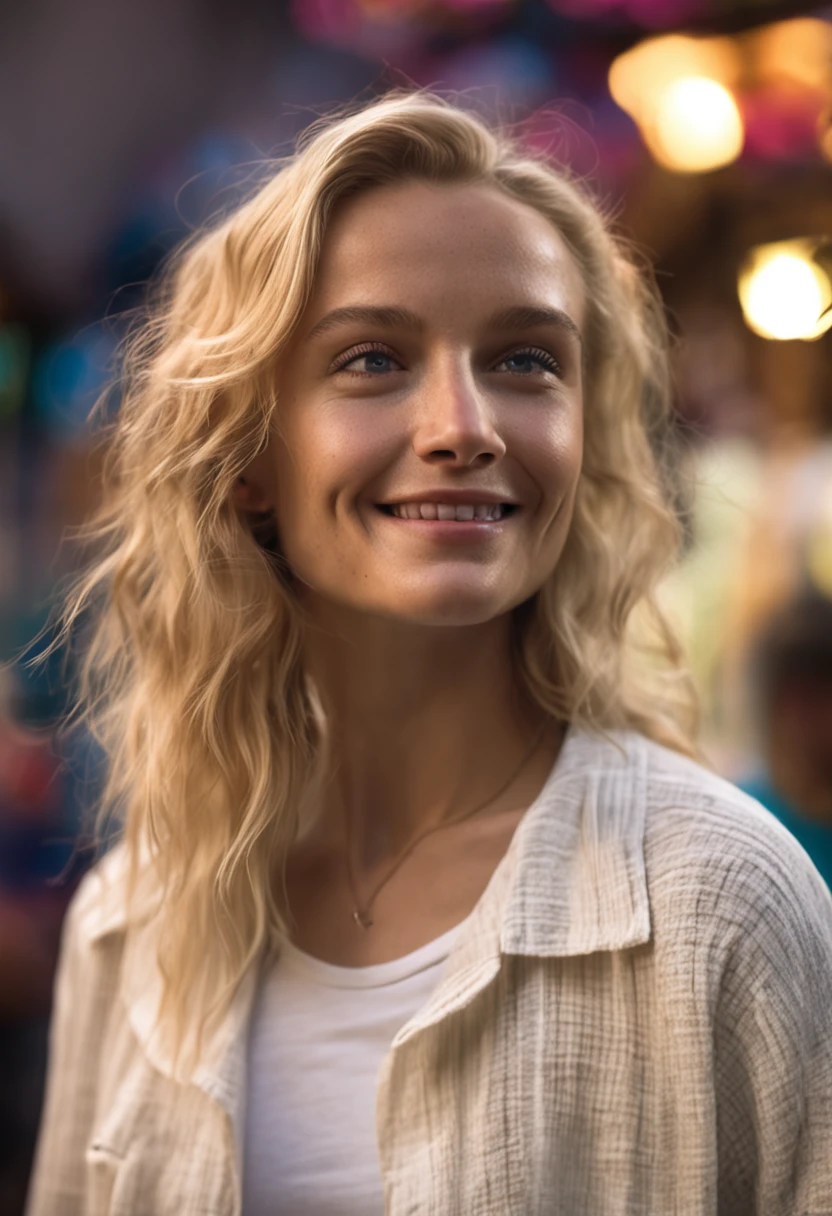 a blond、Long、infp young woman、Facing the front、white backgrounid、wearing white t-shirts、Smiling
