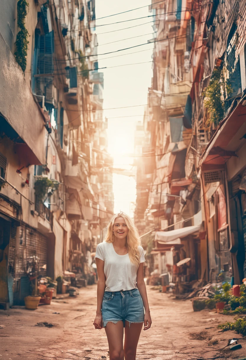 a blond、Long、infp young woman、Facing the front、white backgrounid、wearing white t-shirts、Smiling