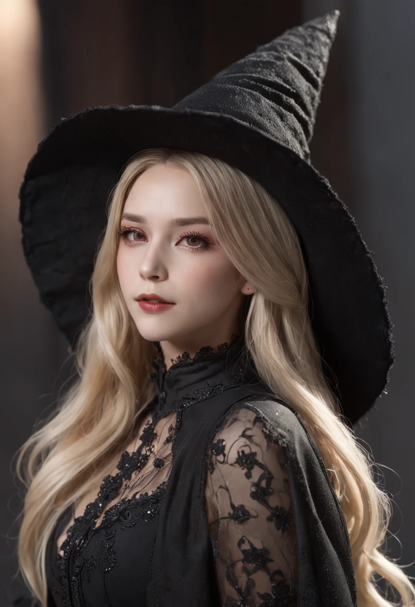 Nixeu, 1girl, black background, blonde hair, closed mouth, earrings, fur trim, gray eyes, hat, highlight, jewelry, big hat, light particles, long hair, looking at the audience, mixed language commentary, mole, mole, nostrils, raw, red lips, shadow face, shadow, simple background, solo, upper body, witch hat
