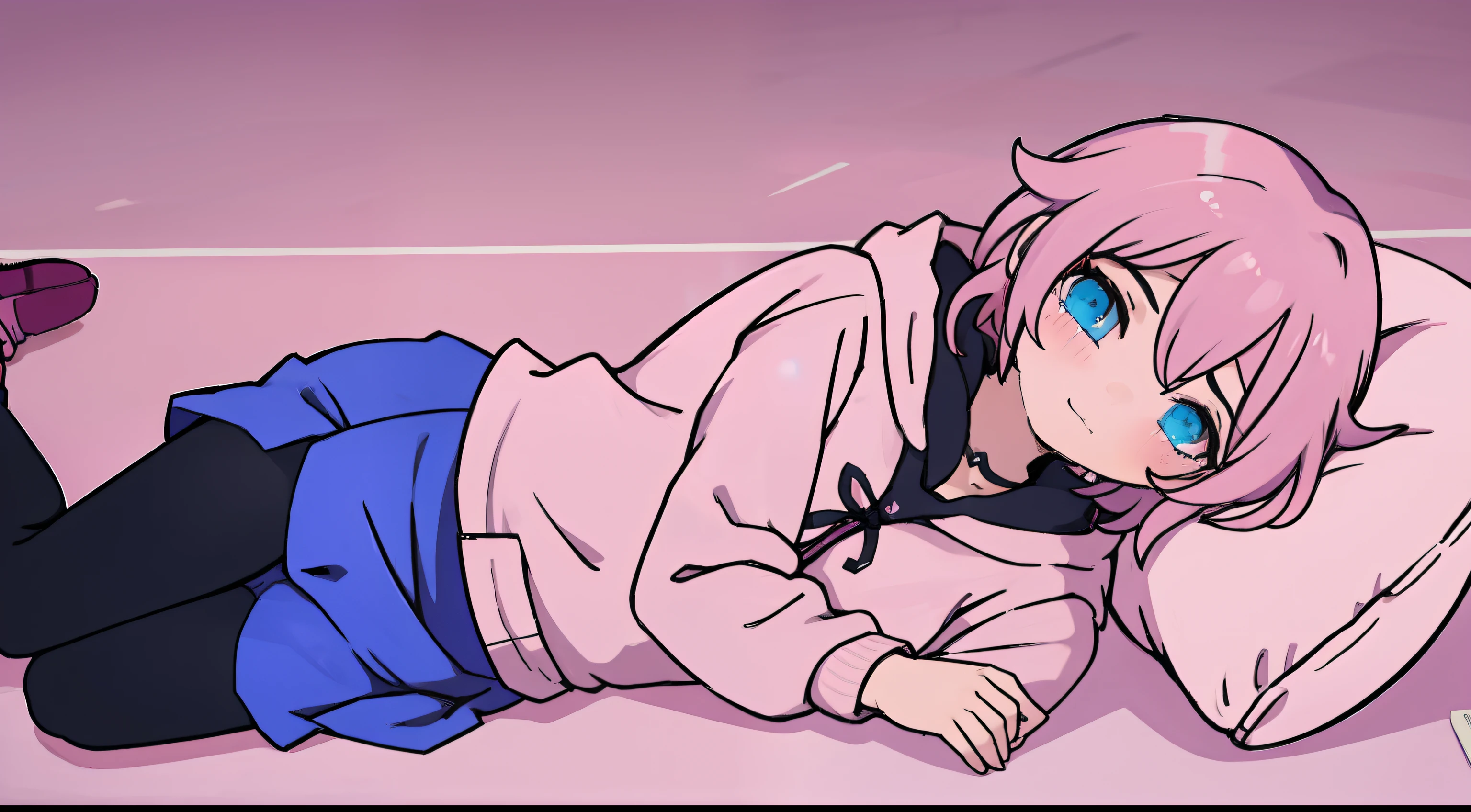 1 boy, cute, fluffy sweater, pink hair, blue eyes, blush, bottomless, stuffed bunny, dick rubbing, blush, shy, °^° face, pre cum, nsfw, lewd