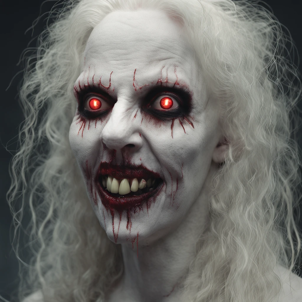 an image of an albino vampire, named Fien, that exudes horror and terror. Fien should be depicted with unnaturally pale skin, long and sharp fangs, and glowing red eyes that seem to pierce the soul. The overall mood of the image should be dark and ominous, with a sense of danger and dread emanating from Fien. The image should be composed with Fien in the center of the frame, with a desolate and eerie background that emphasizes the horror of the scene. The desired image quality should be ultra-high resolution, with deep shadows and rich textures that add to the sense of horror and dread. The composition should be carefully balanced to create a sense of unease and disorientation, drawing the viewer deeper into the nightmare of Fien the albino vampire.