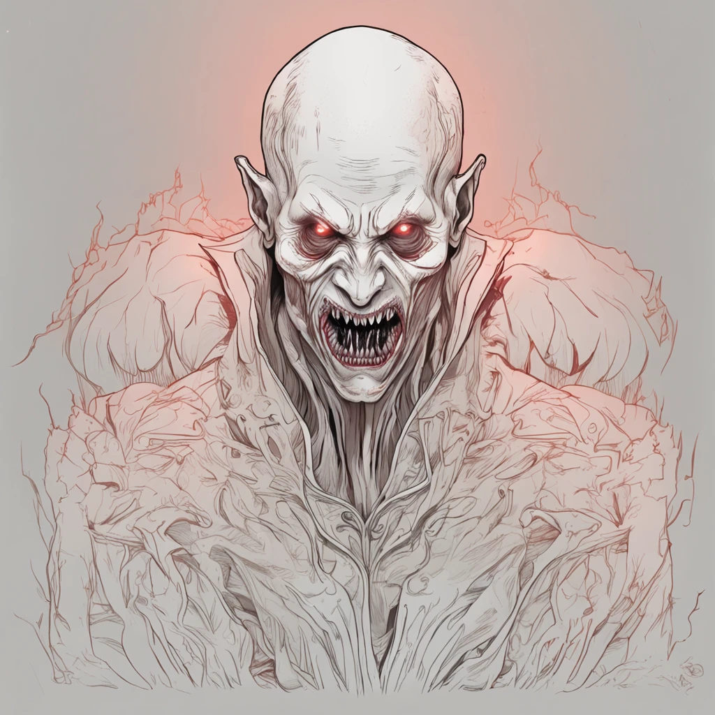 an image of an albino vampire, named Fien, that exudes horror and terror. Fien should be depicted with unnaturally pale skin, long and sharp fangs, and glowing red eyes that seem to pierce the soul. The overall mood of the image should be dark and ominous, with a sense of danger and dread emanating from Fien. The image should be composed with Fien in the center of the frame, with a desolate and eerie background that emphasizes the horror of the scene. The desired image quality should be ultra-high resolution, with deep shadows and rich textures that add to the sense of horror and dread. The composition should be carefully balanced to create a sense of unease and disorientation, drawing the viewer deeper into the nightmare of Fien the albino vampire.