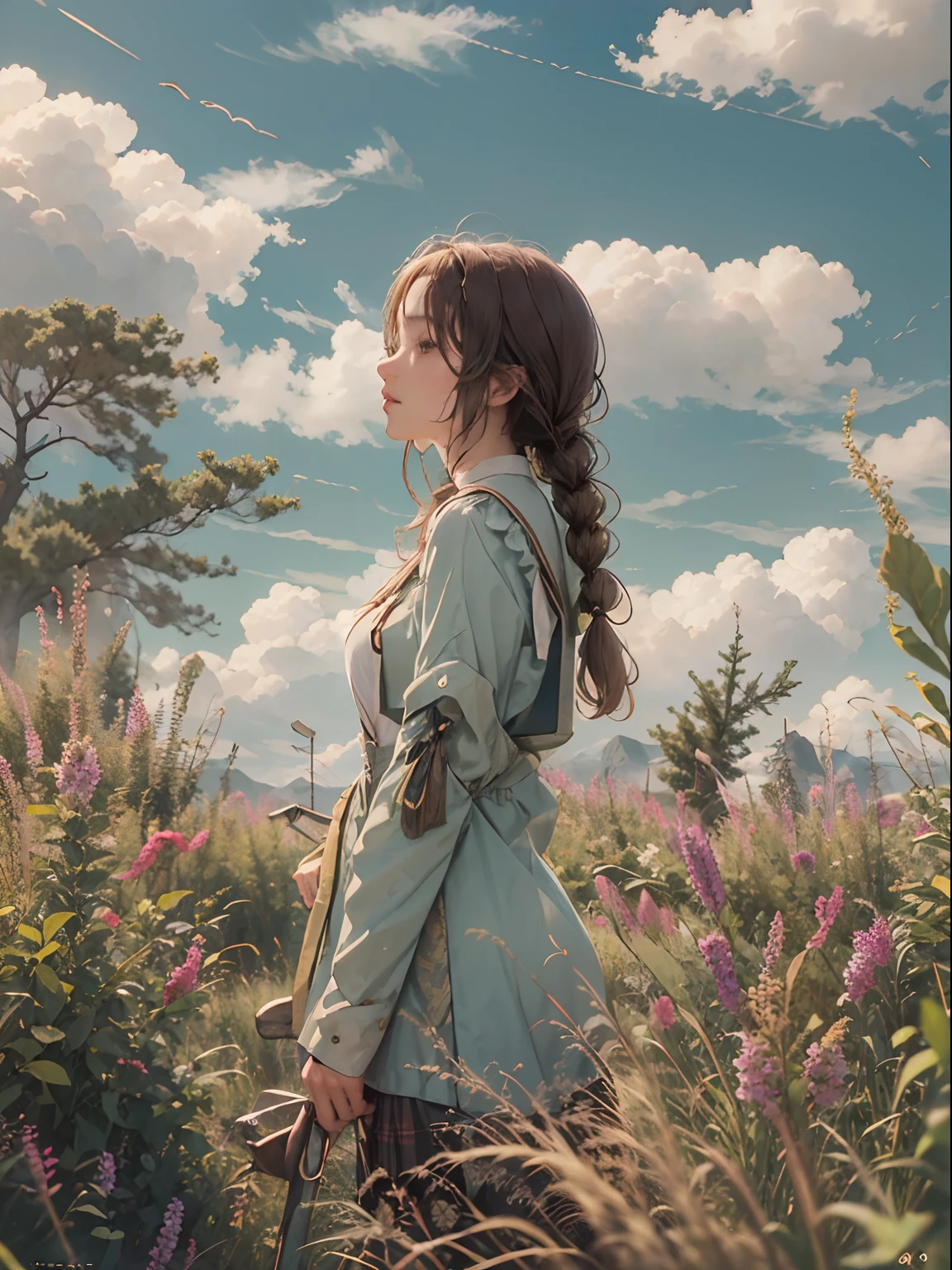 schoolgirls，Solo，Golden braids，Real hair，Hairline，Skysky，​​clouds，The tree，mountain in the distance，depth of fields，portraitures，the sideview，Side Body，head looking up，Look at the sky，Bust photo，filmposter，offcial art，tmasterpiece，high qulity，A high resolution，