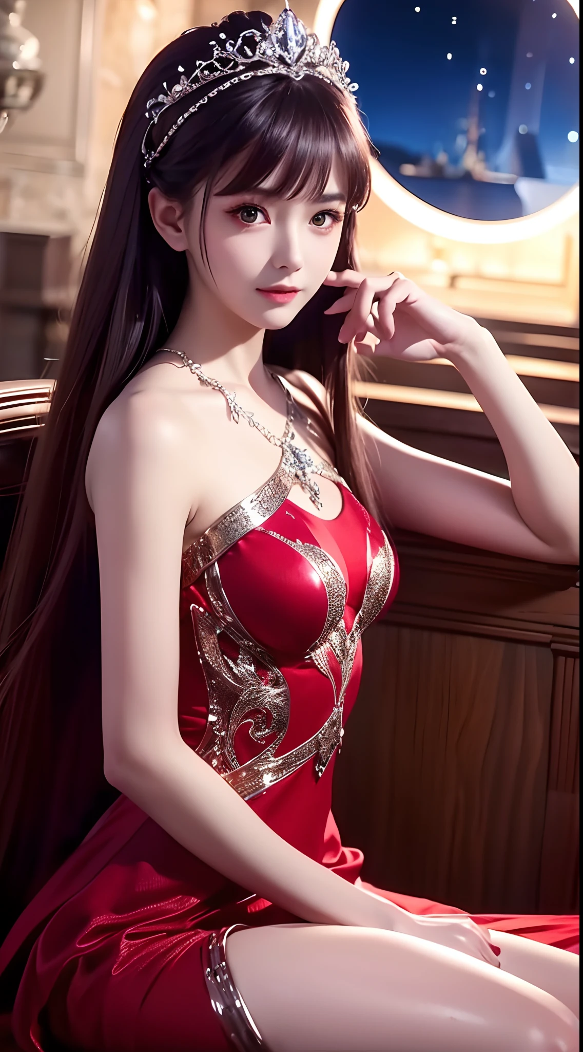 girl, Black Hair, (1980s Style), ((Red sleeveless dress)), Big Breasts,Long Hair, (NSFW:1.0),Tall Supermodels、Long-legged supermodel、supermodel,((Highest quality、Best image quality、Ultra-high resolution、Drawing with Ultra-high resolution、Very beautiful adult Nordic woman、Strong eye highlights))