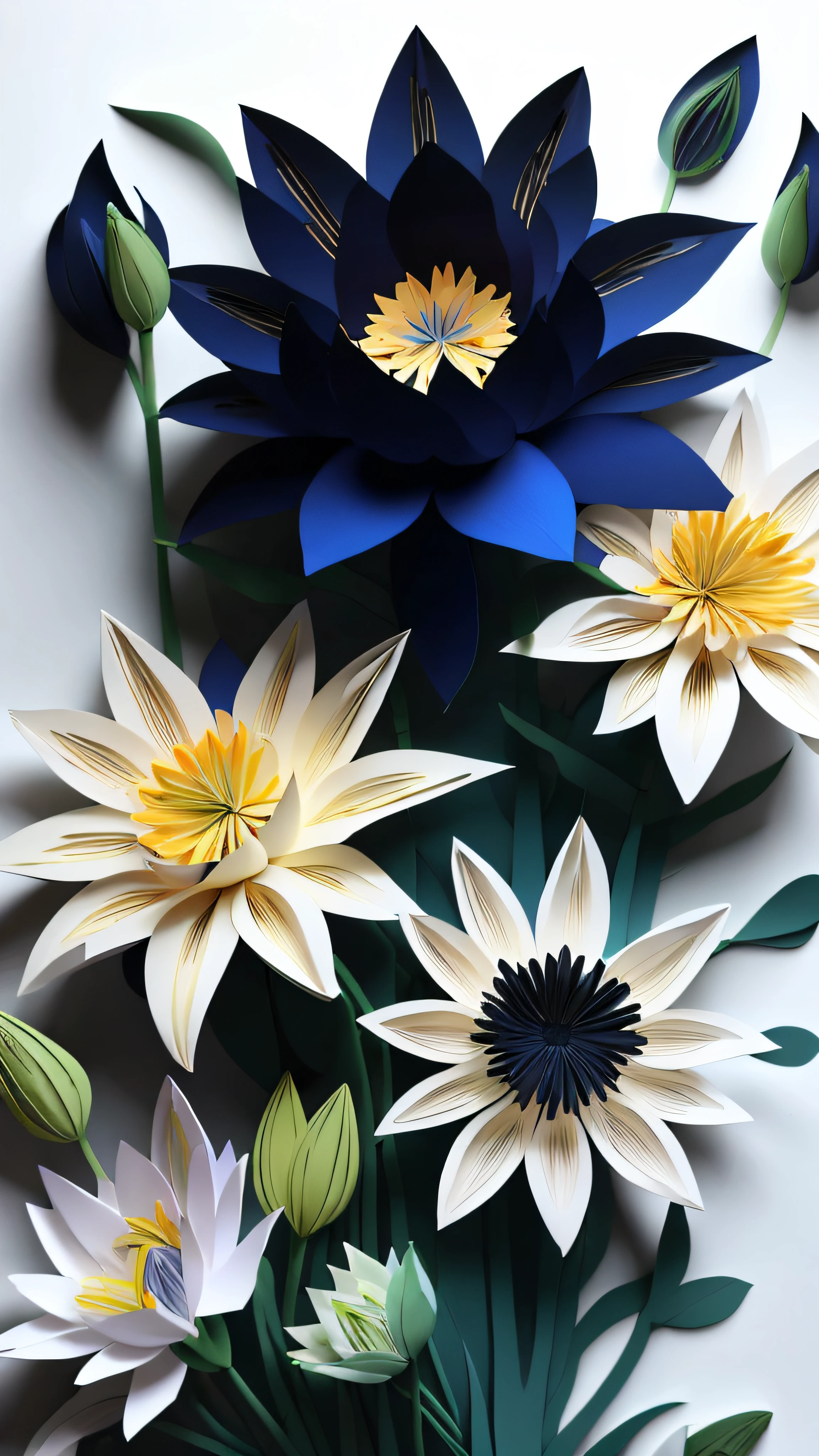 Look up,the lilies,Gradient blue,fluorescence,with black background, (florals:1.4) , paper_cut