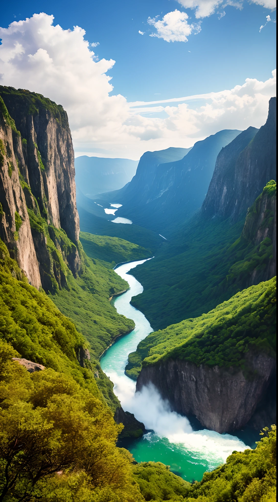 Masterpiece, ultimate quality, Cg unity 8k wallpaper, super delicate, beautiful sky and clouds, rich natural scenery, cliffs, lakes and rivers, waterfalls and flying water, beautiful green mountains, no trace of people, excellent scenery, has already won a photo contest, background Blurring, full depth of field, HDR high dynamics, true restoration, intricate, extreme details, dramatic presentation, perfectly presenting the style of midjourney art.