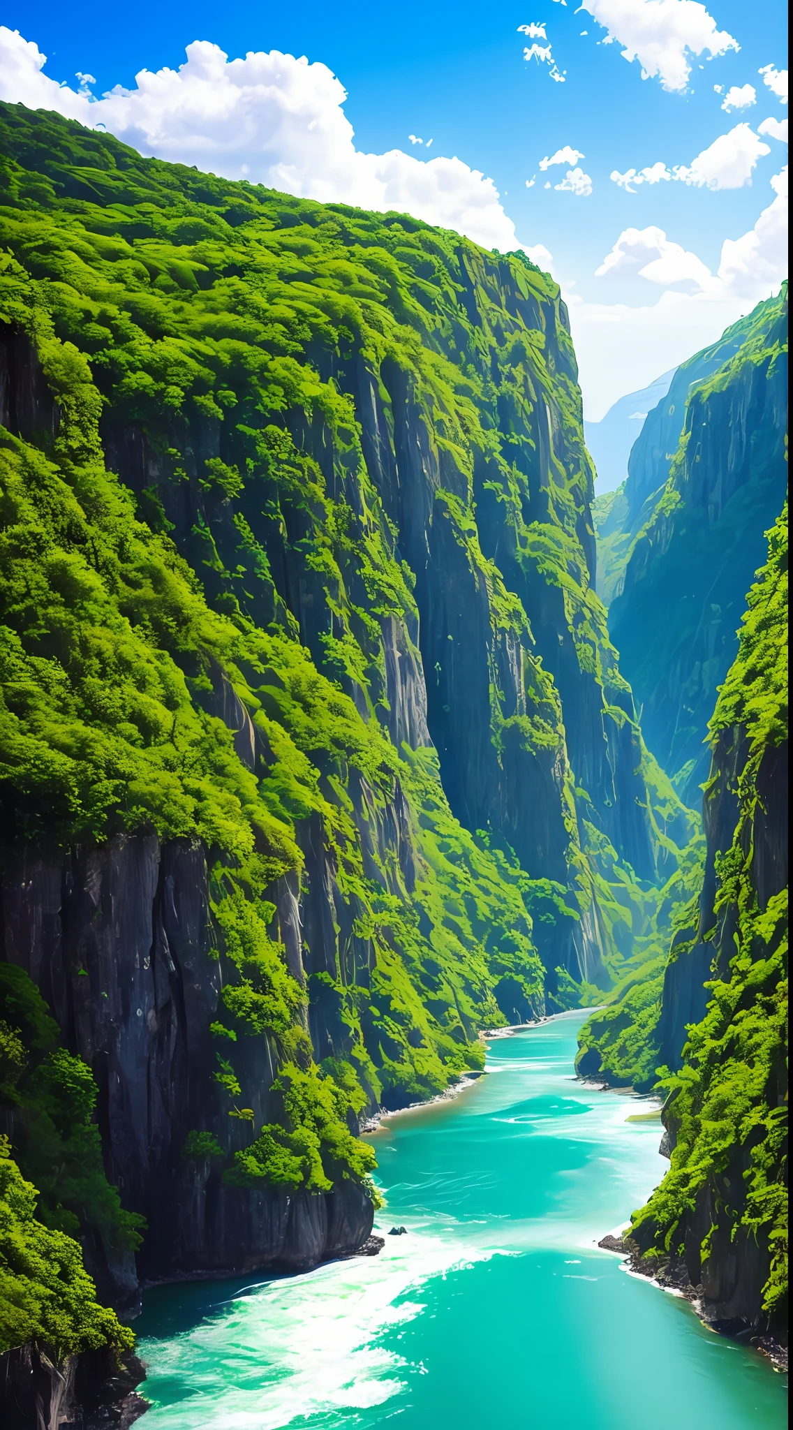 Masterpiece, ultimate quality, Cg unity 8k wallpaper, super delicate, beautiful sky and clouds, rich natural scenery, cliffs, lakes and rivers, waterfalls and flying water, beautiful green mountains, no trace of people, excellent scenery, has already won a photo contest, background Blurring, full depth of field, HDR high dynamics, true restoration, intricate, extreme details, dramatic presentation, perfectly presenting the style of midjourney art.