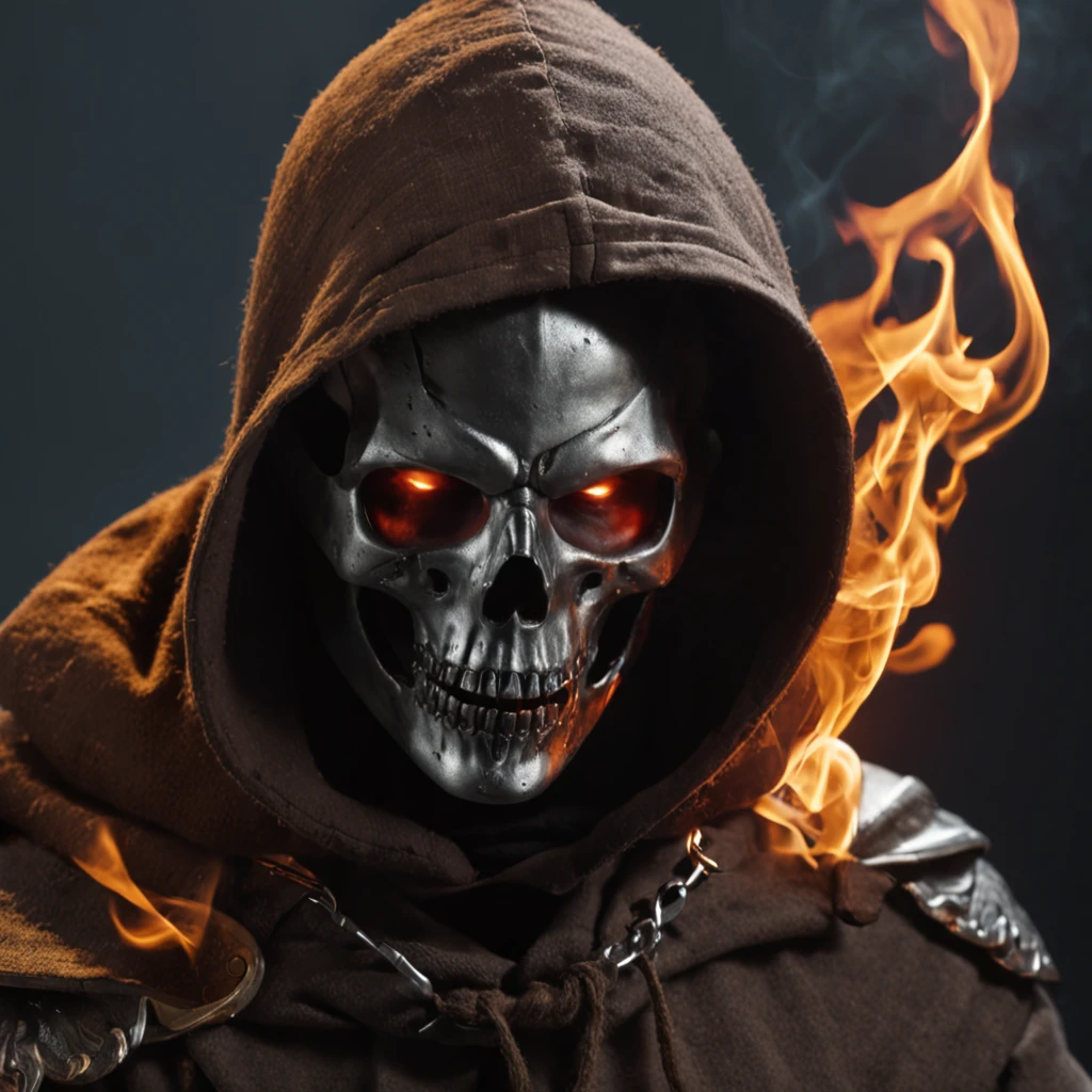 photo. solo, blue eyes, 1boy, upper body, male focus, skull, hood, mask, glowing, fire, black background, gauntlets, cloak, 1other, hood up