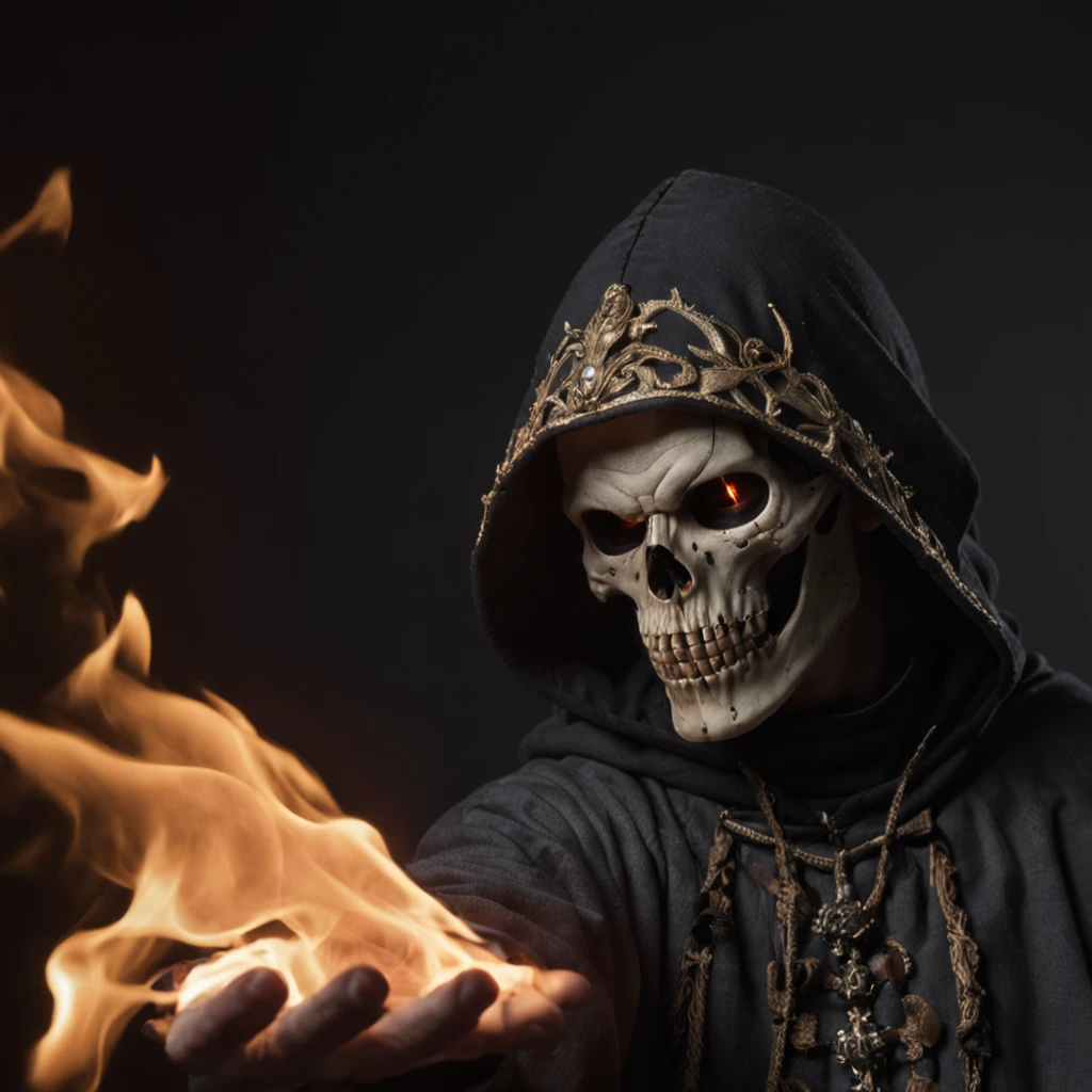 photo. solo, blue eyes, 1boy, upper body, male focus, skull, hood, mask, glowing, fire, black background, gauntlets, cloak, 1other, hood up